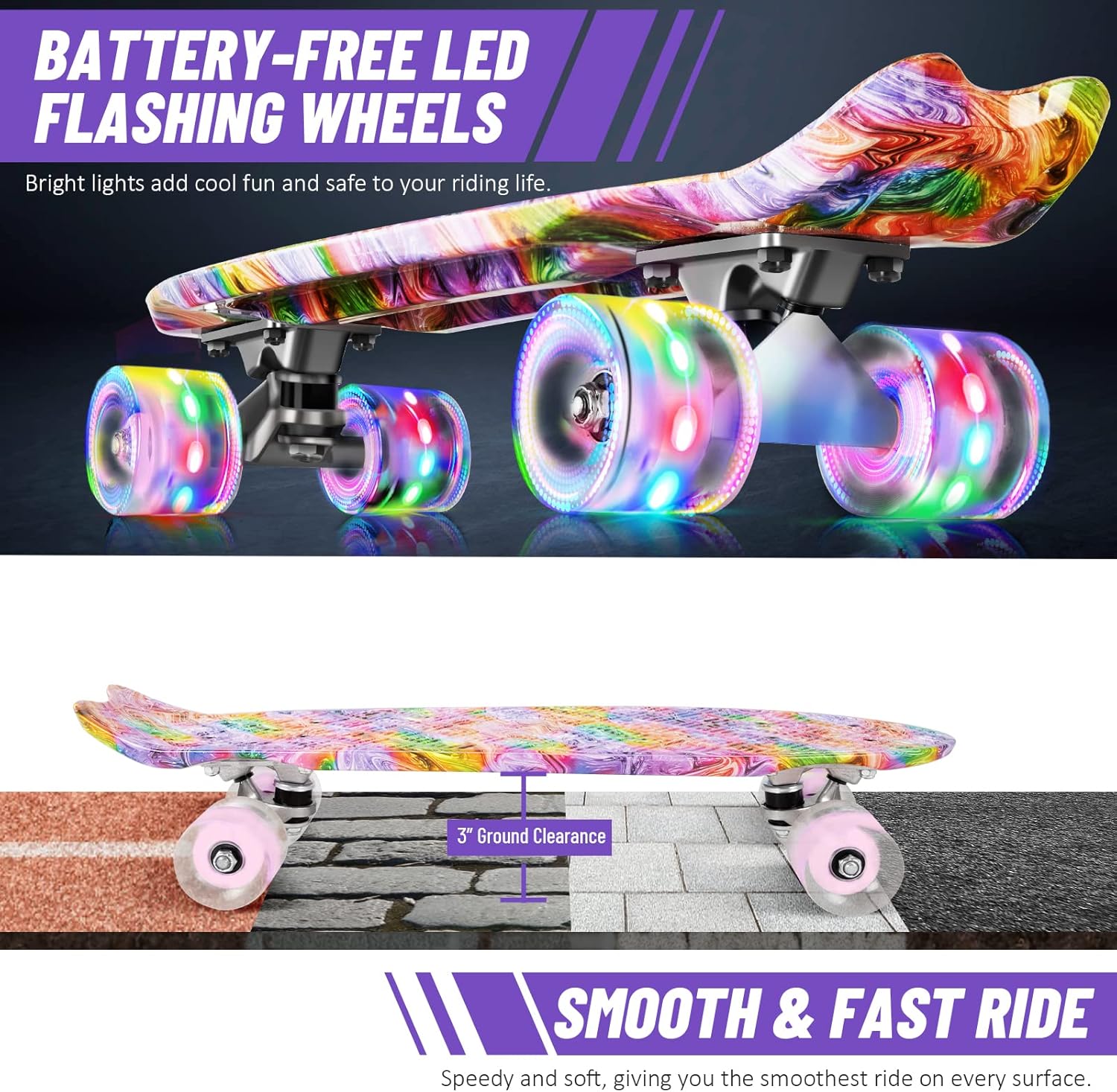 Beleev Skateboard Cruiser 55,9 cm con Ruote LED - immagine 2