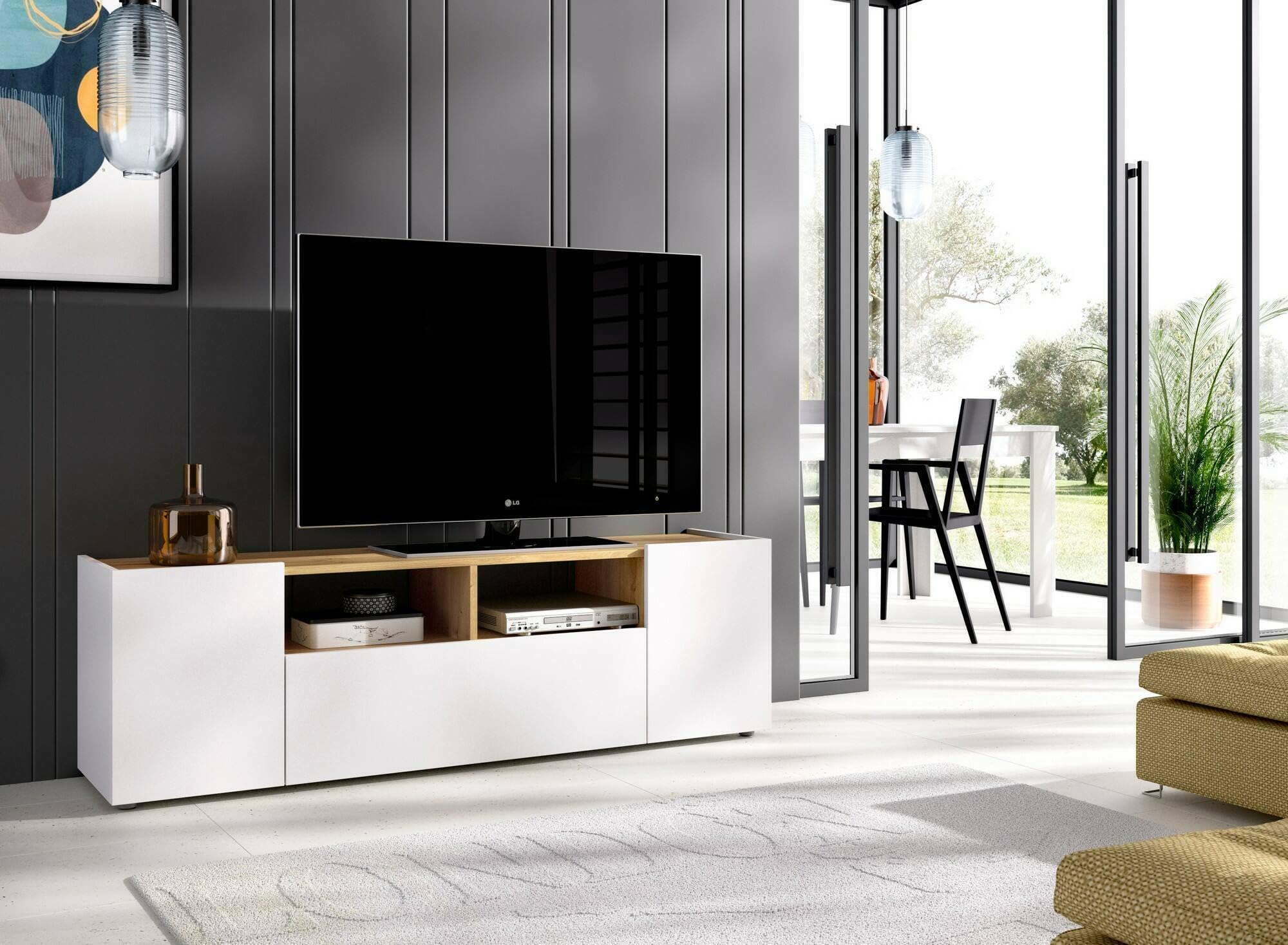 Dmora Mobile Porta TV Etna 142x35h44 cm, Bianco e Rovere Nodi