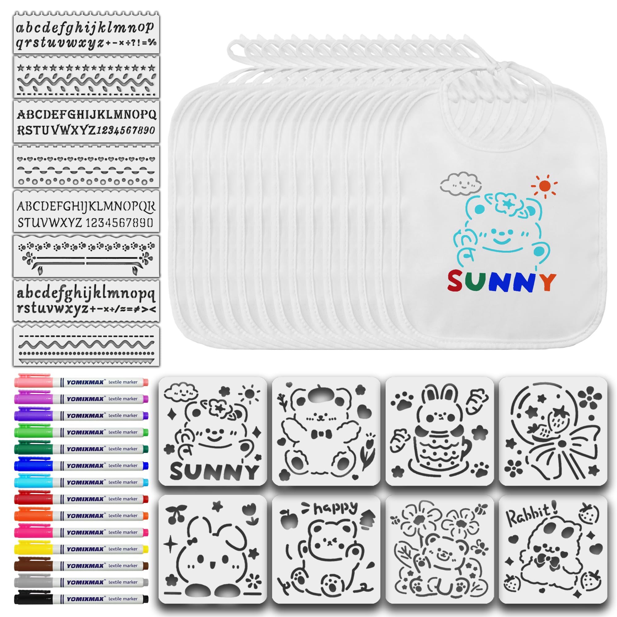 Dioshark Bavaglini Neonata Cotone per DIY Dipingere, 14 Pezzi Bambini Bianco Bavaglino Impermeabile, Personalizzato Bavaglino con 14 Colori per Tessuti Pennarelli e 16 Alfabeto Numeri Animali Stencil