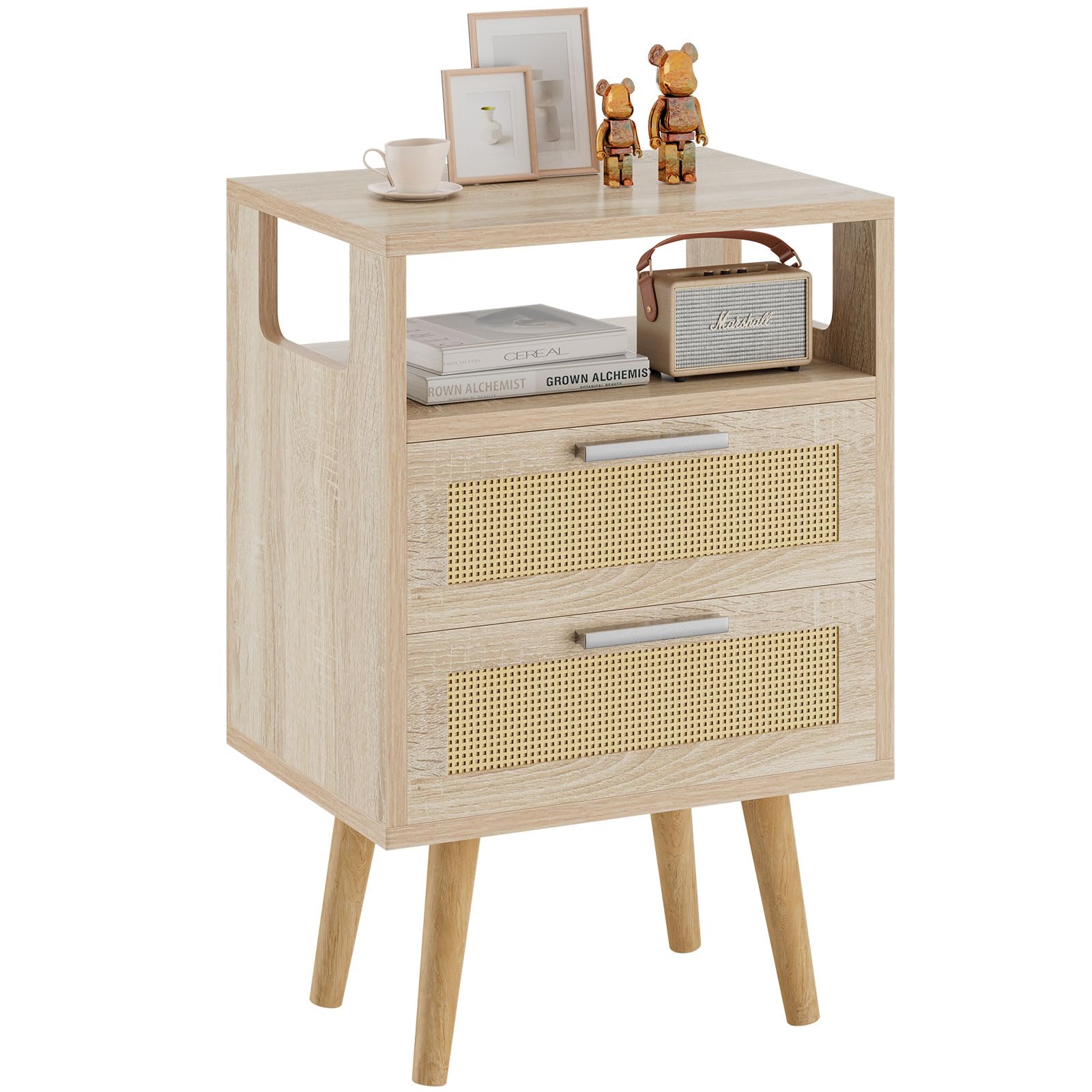Ymyny Comodino con 2 Cassetti in Rattan, Naturale