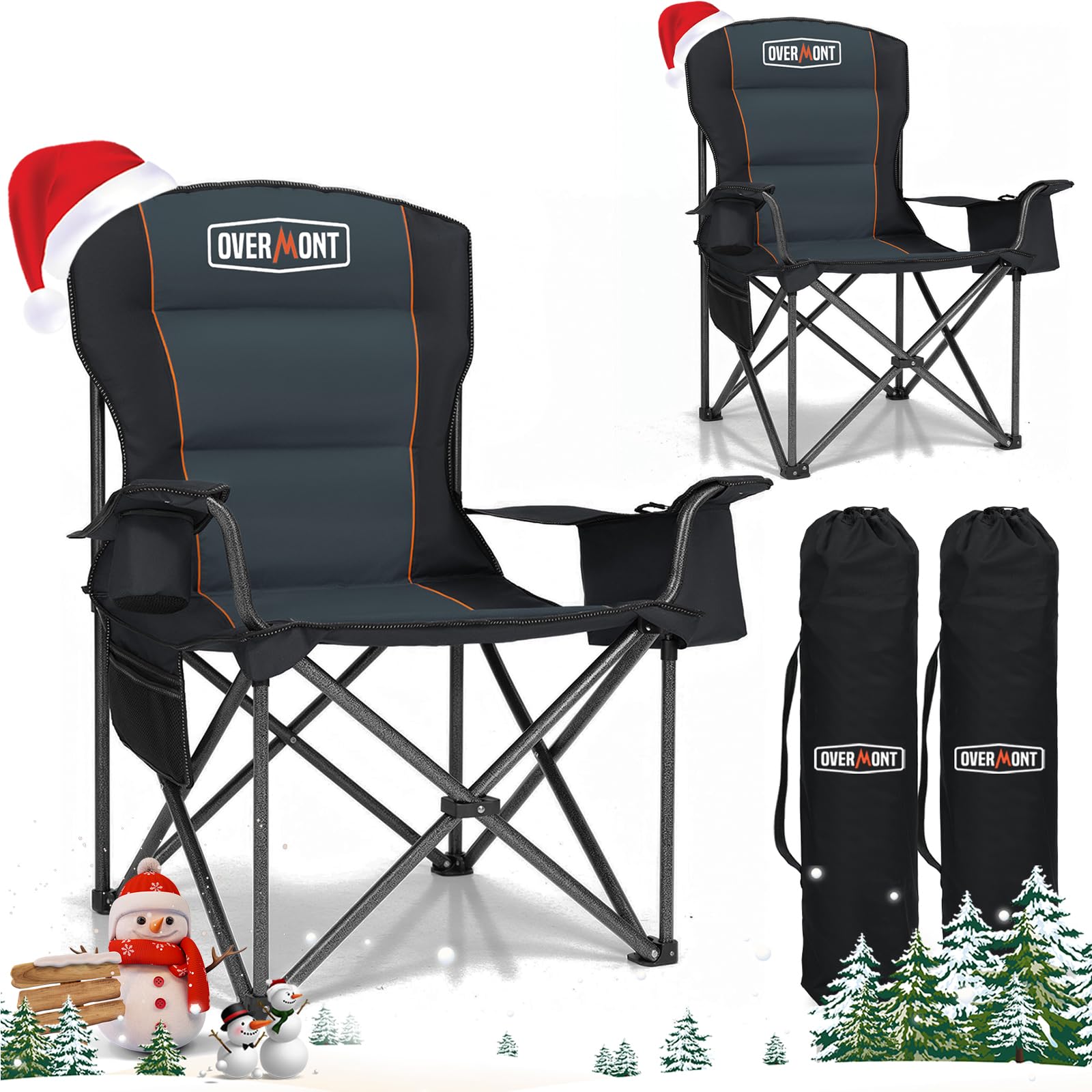 Overmont Set di 2 Sedia da Campeggio Pieghevole - Oversized Portatile di Schienale Completo Sedie da Pesca con Borsa Termica Portabicchieri - per Giardino Spiaggia Picnic - Caricabile Fino a 204kg