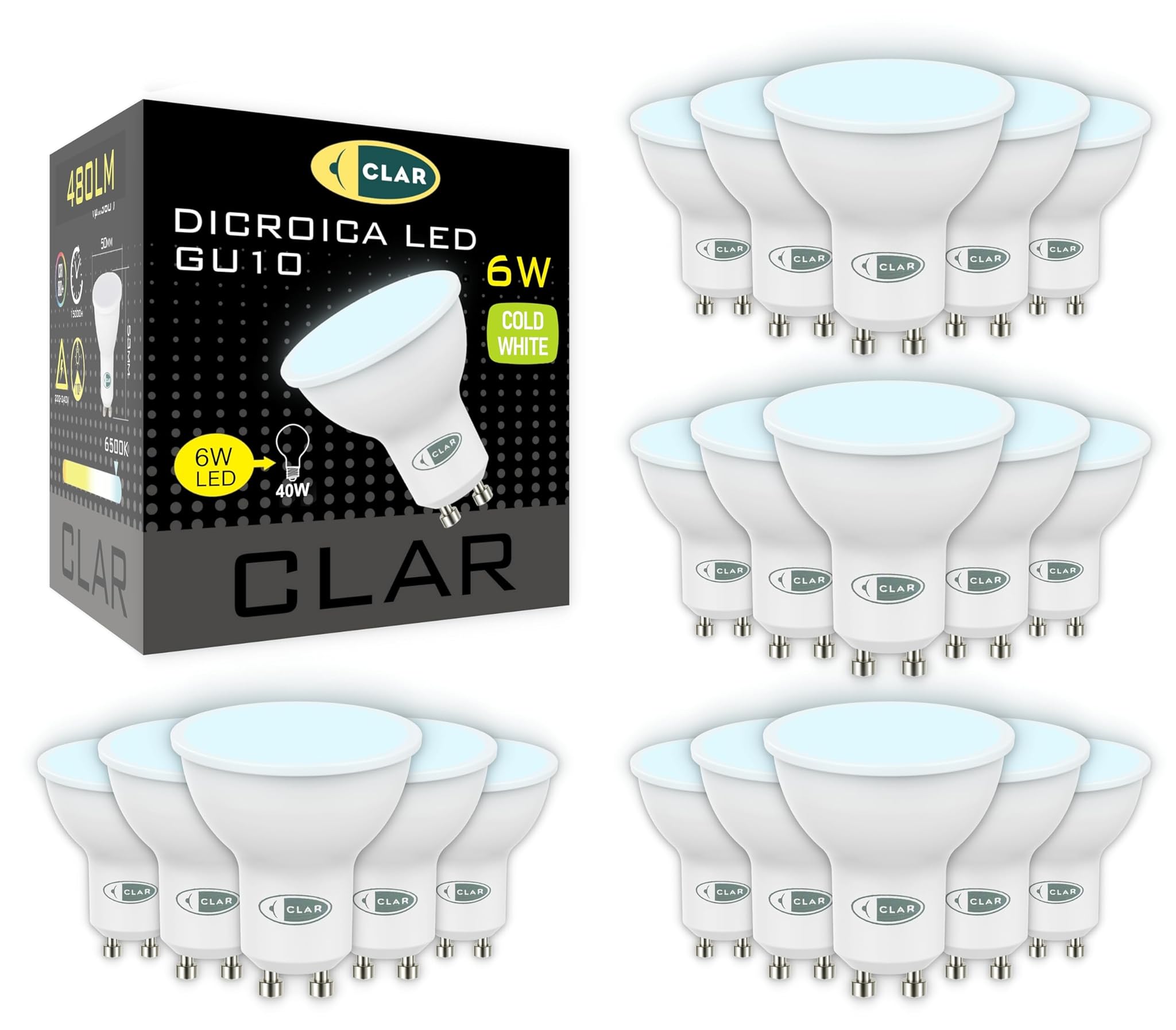CLAR - GU10 LED, Luce Fredda, 6W, Lampadine LED (Pack 20)