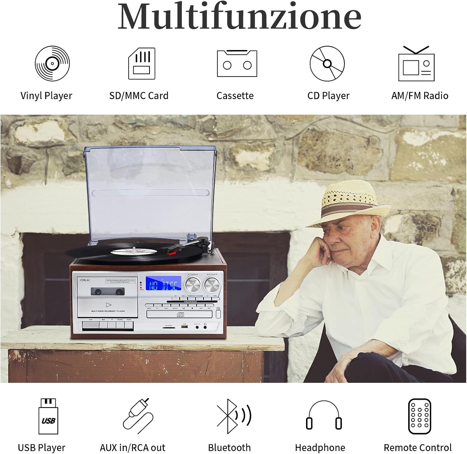 Giradischi 9 in 1 Vintage con Bluetooth, Argento - immagine 2