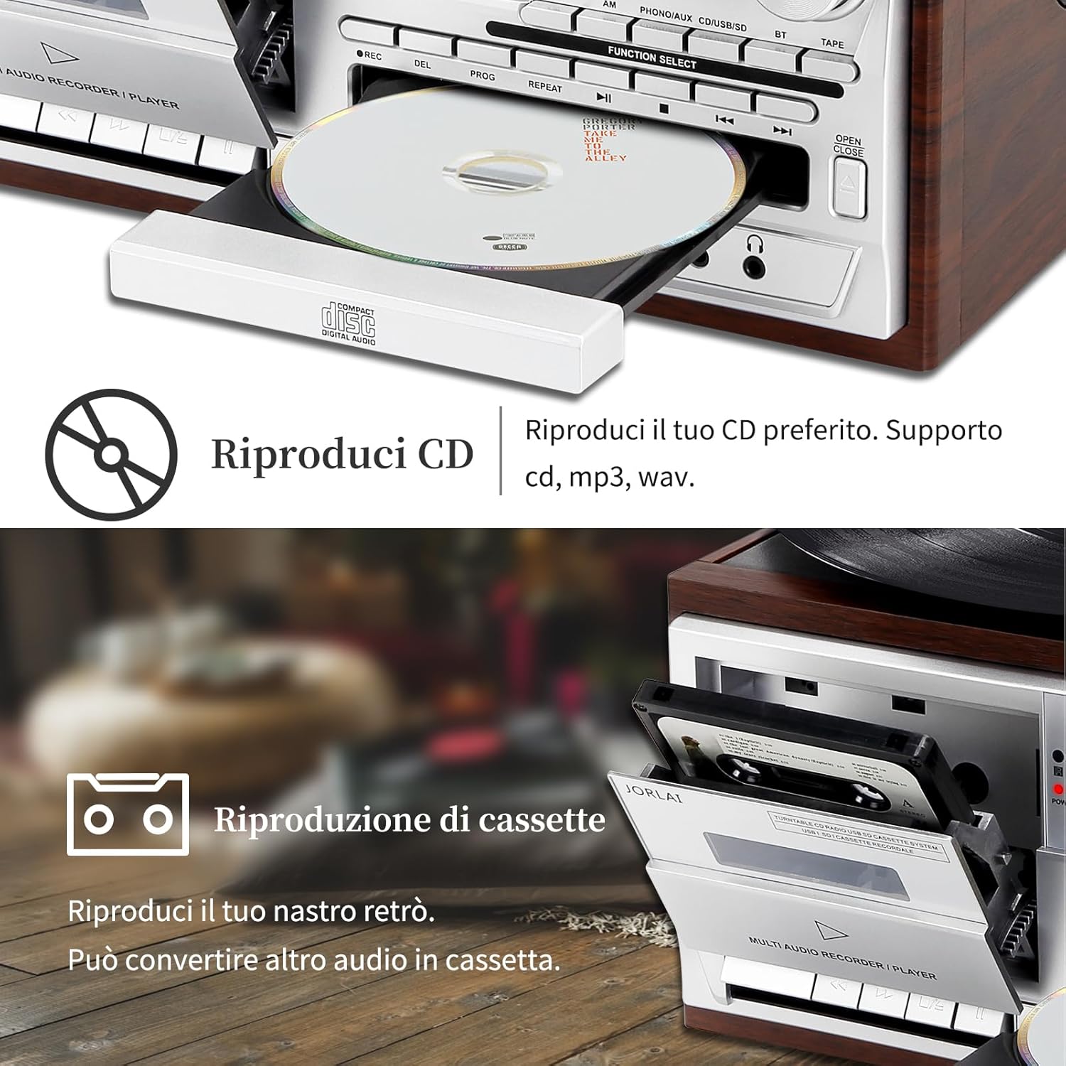 Giradischi 9 in 1 Vintage con Bluetooth, Argento - immagine 5