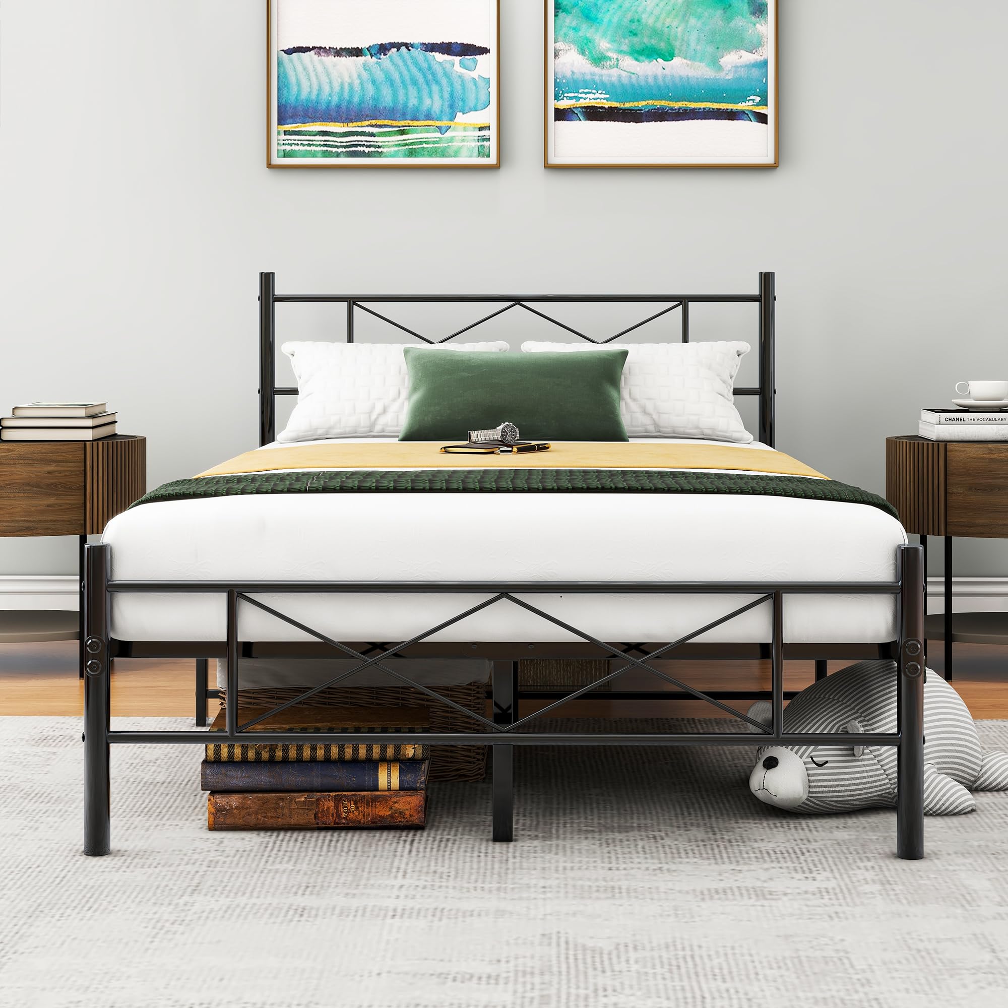 Letto singolo in metallo con rete a doghe, 120 x 200 cm, colore: nero