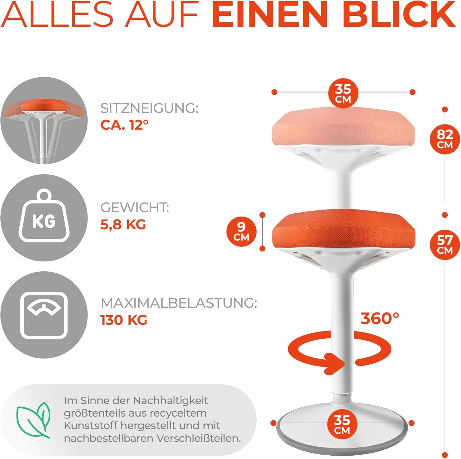 Ezside SMART-Sitting - Sgabello da Ufficio Ergonomico, Arancione - immagine 2