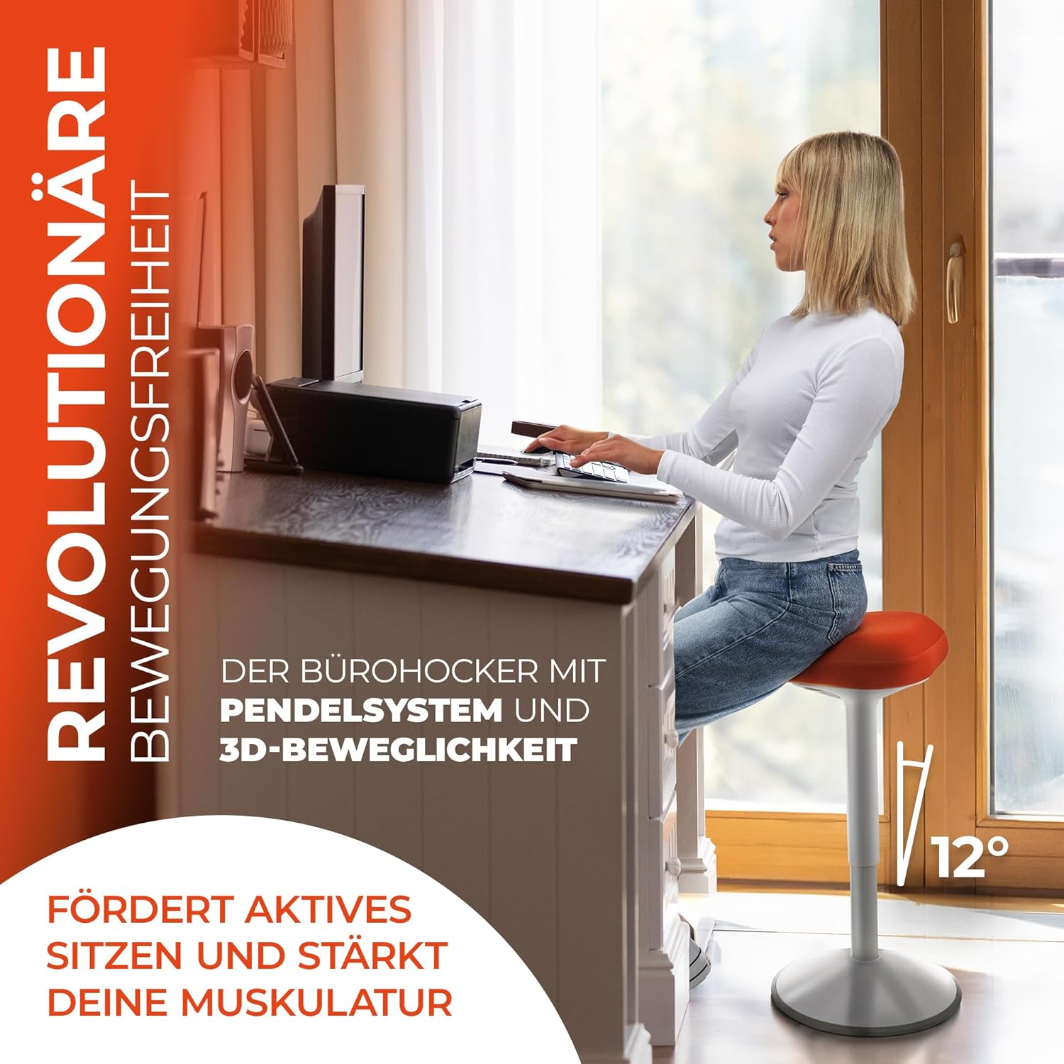 Ezside SMART-Sitting - Sgabello da Ufficio Ergonomico, Arancione - immagine 4