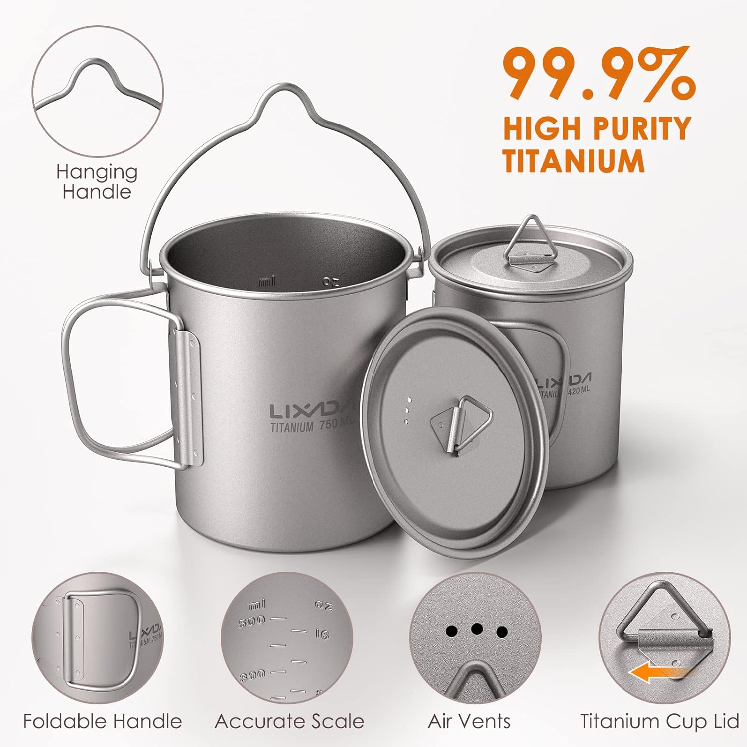 Lixada Titanium Cup Pot Ultralight 900ml - immagine 2