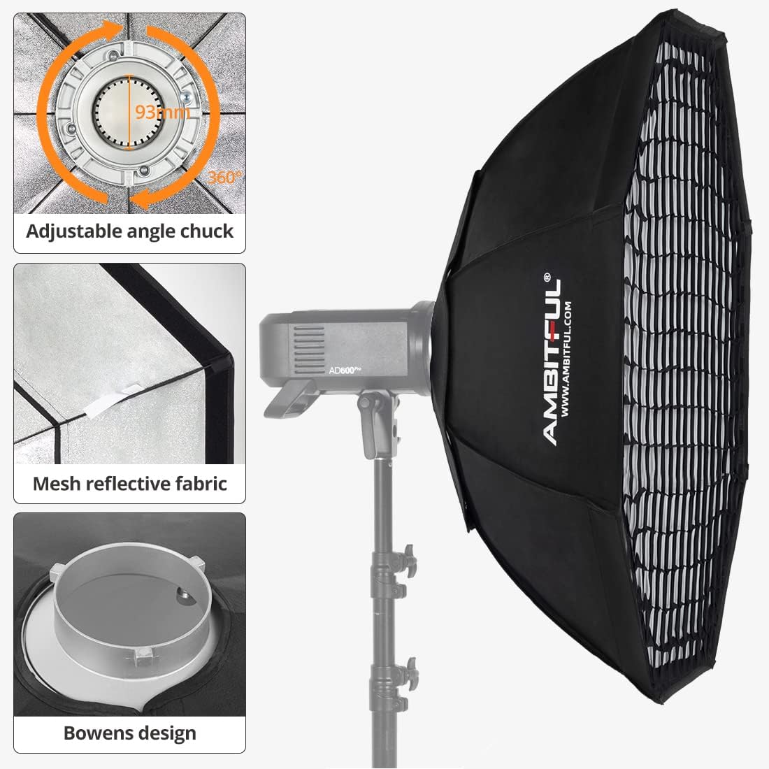 Ambitful Softbox Octagon Honeycomb Grid Bowens 140cm/55" - immagine 3