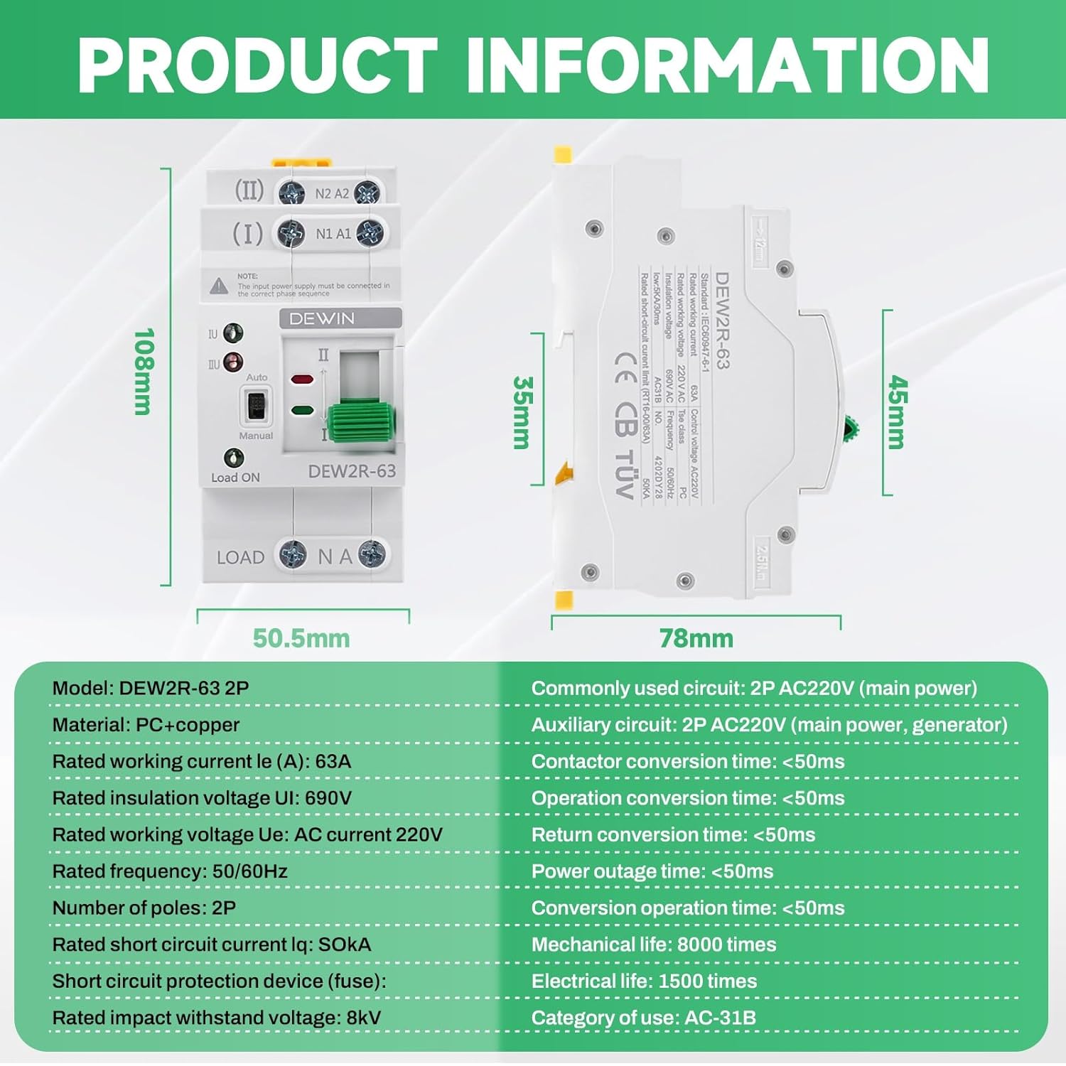 Dewin Interruttore di Trasferimento Automatico 2P 63A 220V - immagine 5