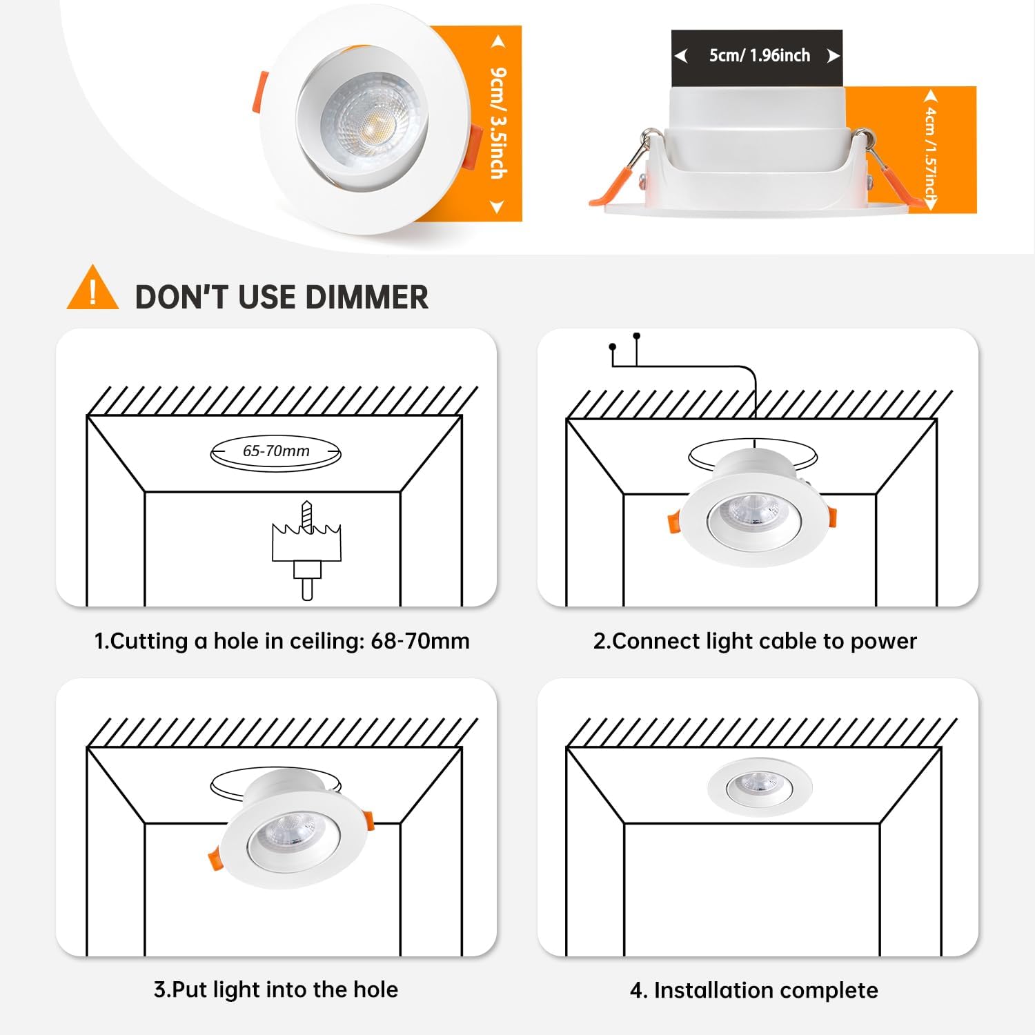 wowatt 12 × Faretti LED da Incasso per Cartongesso Dimmerabili Bianco, Luce Bianca Naturale 4000K, 5W Luci da Soffitto 480LM Equivalenti a Alogena 50W, Lampada Incasso Ultrasottili Orientabili 68mm - immagine 6