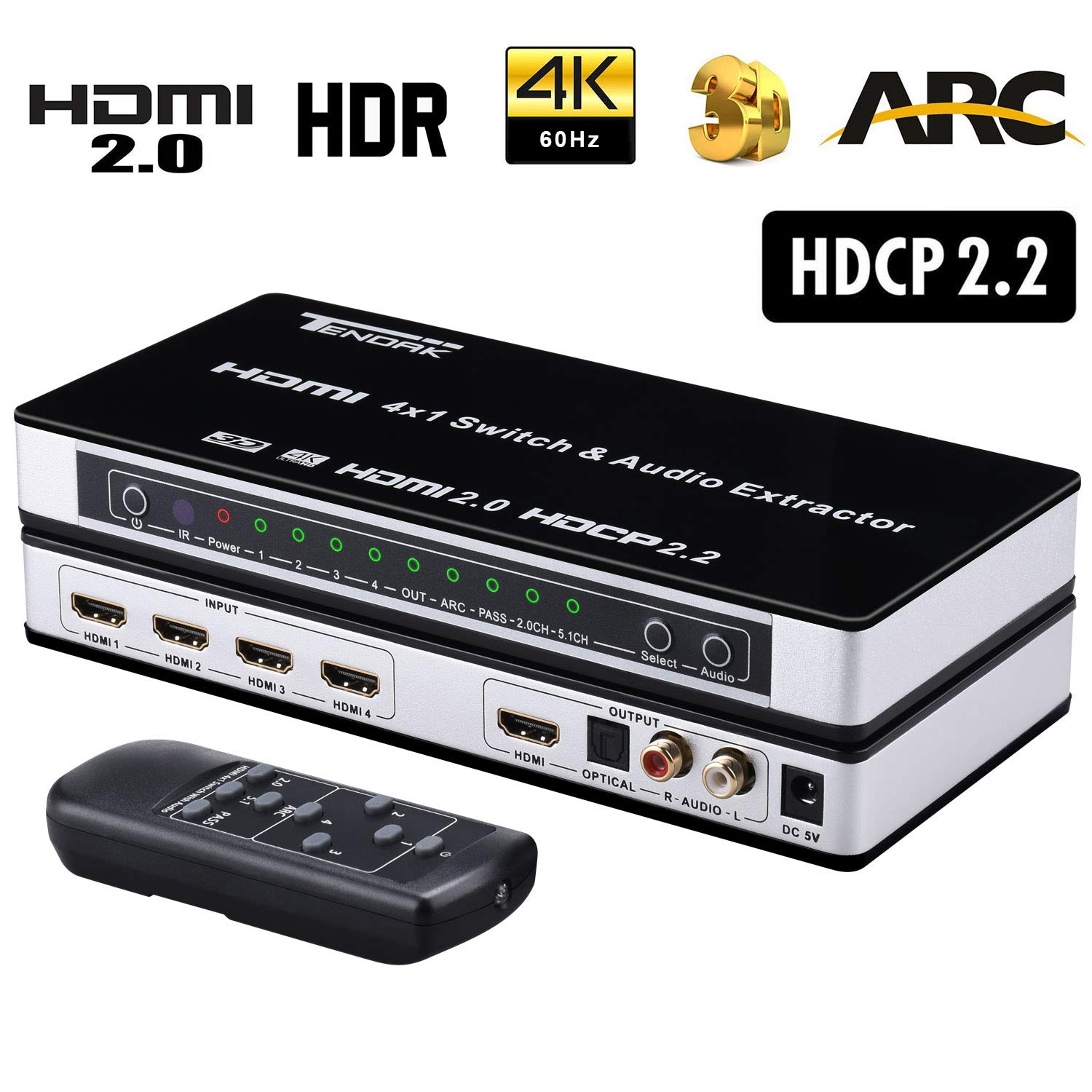 Tendak Commutatore HDMI 2.0 4 Porte 4K con Estrattore Audio