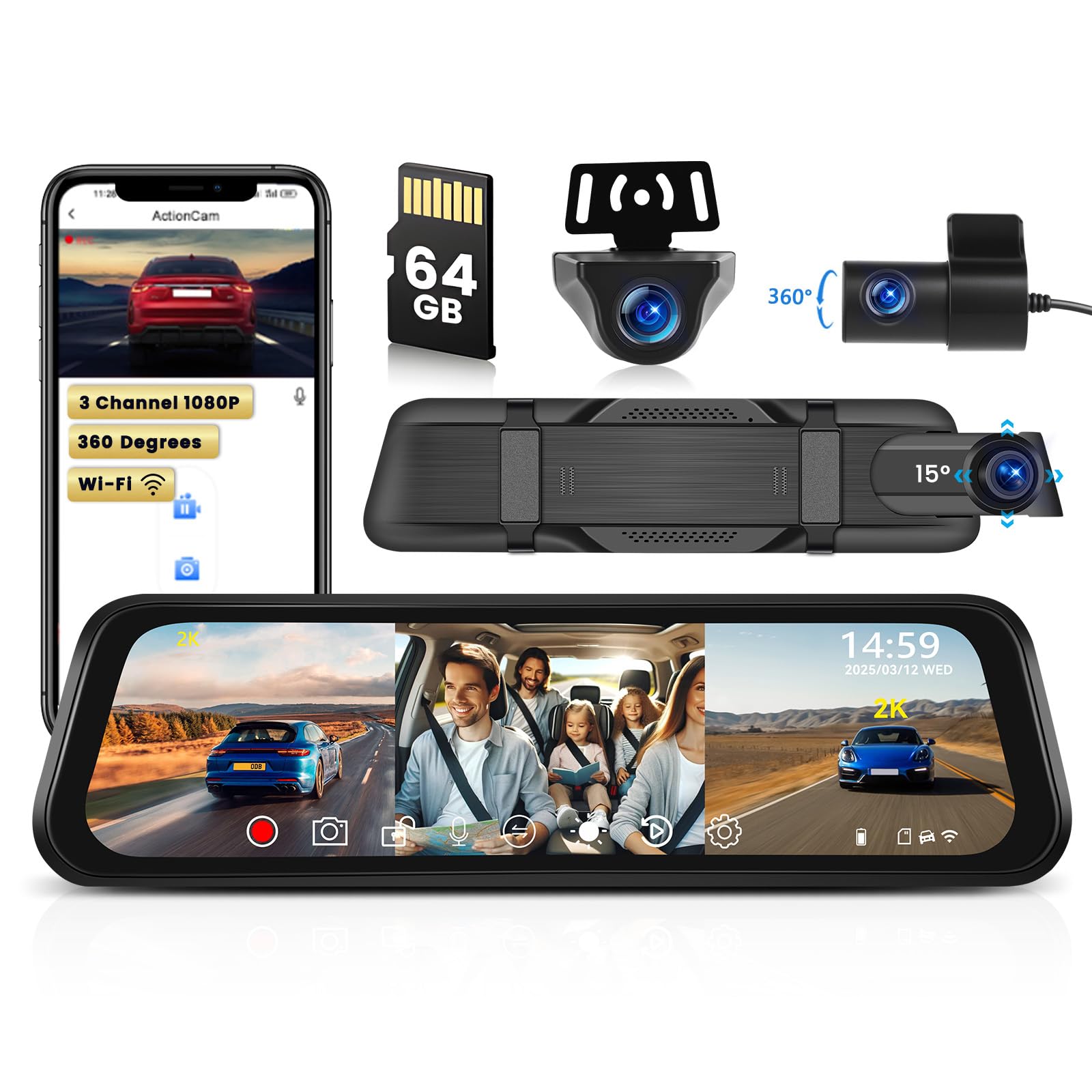 Inefala 2K WiFi Dash Cam Specchietto con APP Controllo