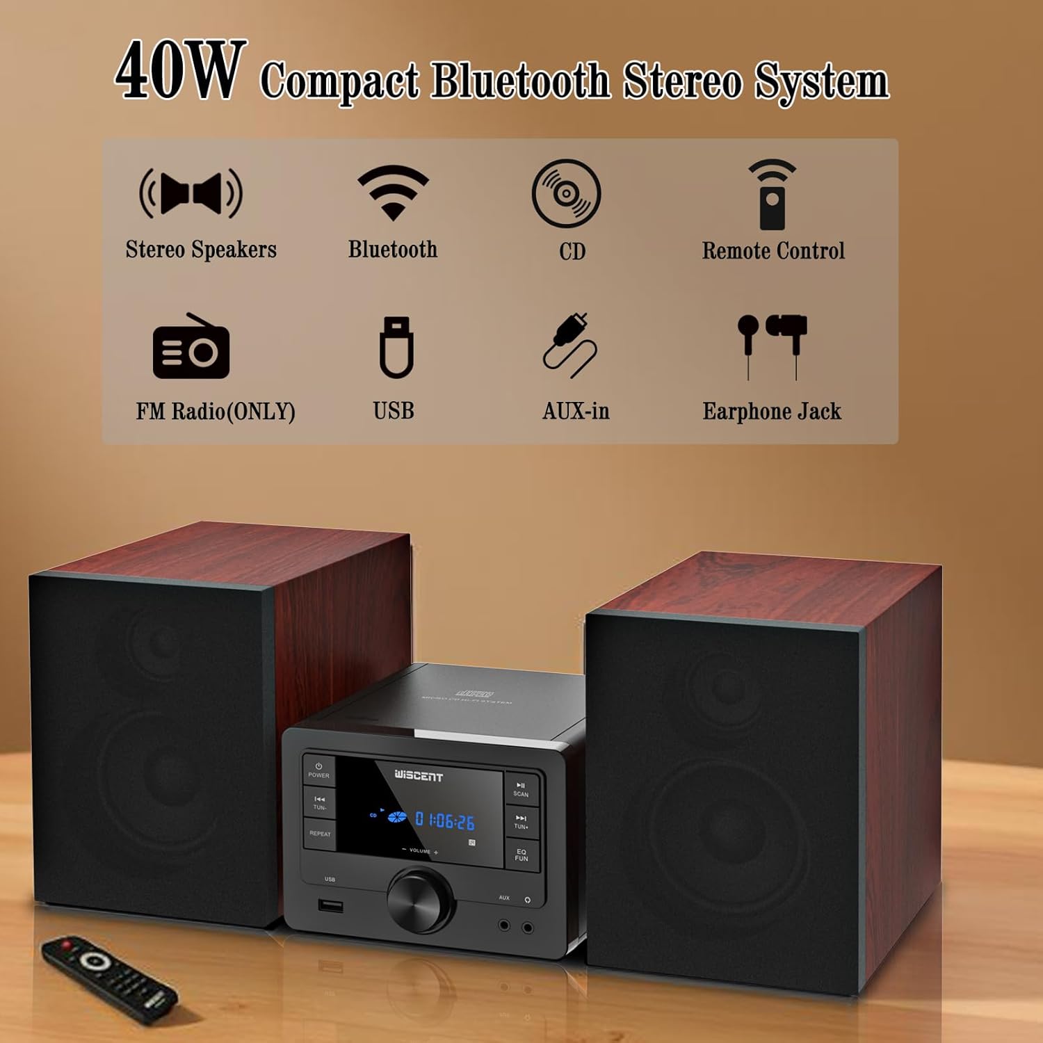 Wiscent Vintage Micro HiFi System Bluetooth, Bordeaux - immagine 2