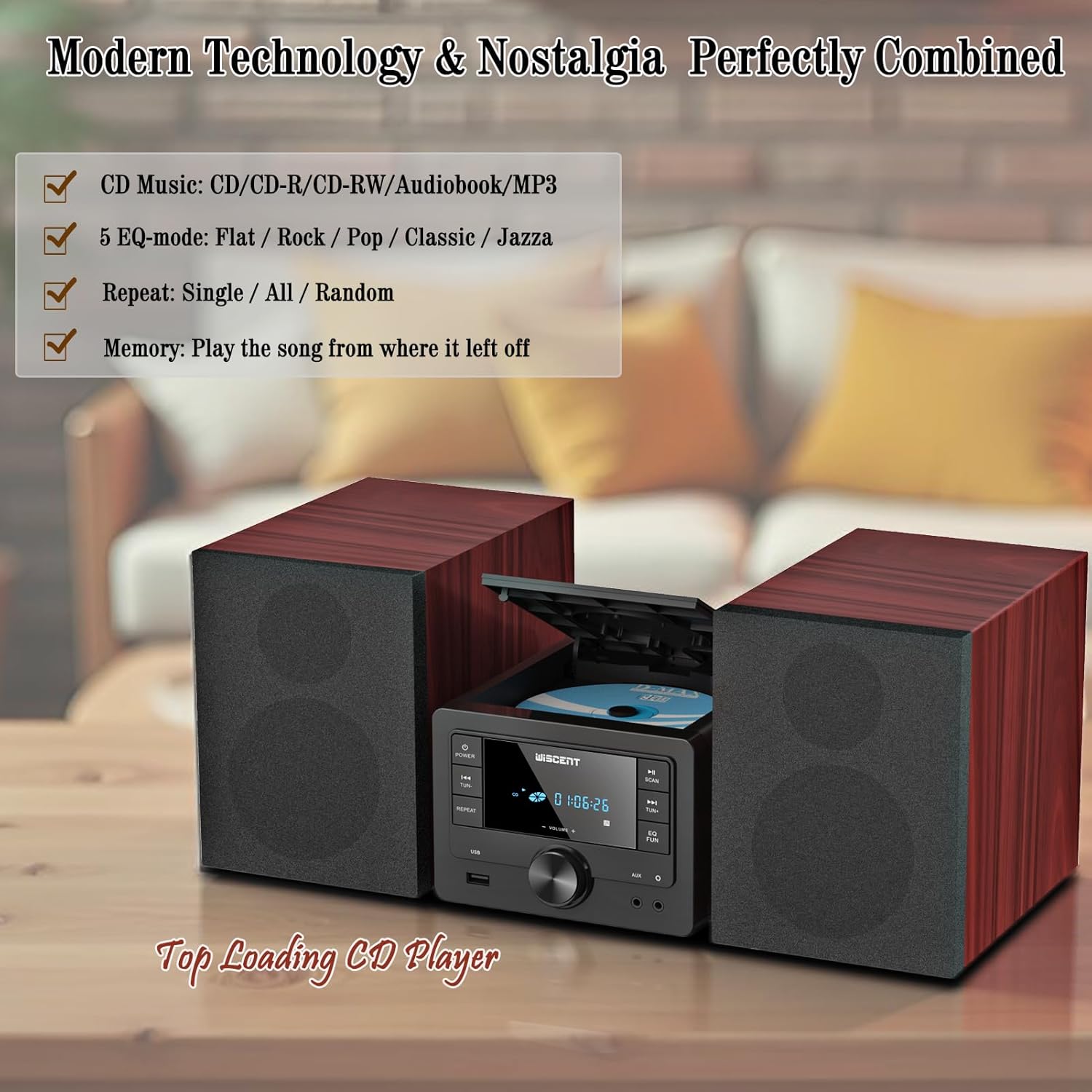 Wiscent Vintage Micro HiFi System Bluetooth, Bordeaux - immagine 3