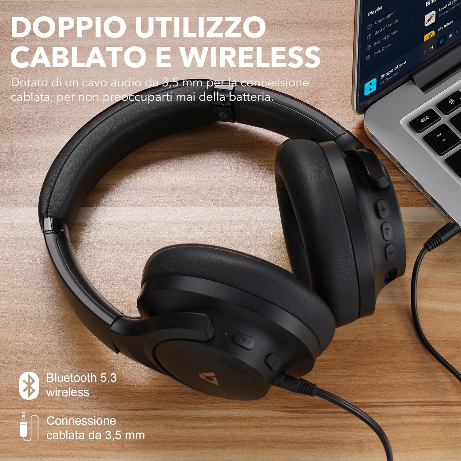 1mii Y8 Cuffie Bluetooth Wireless ANC Ibrida, Nero - immagine 8