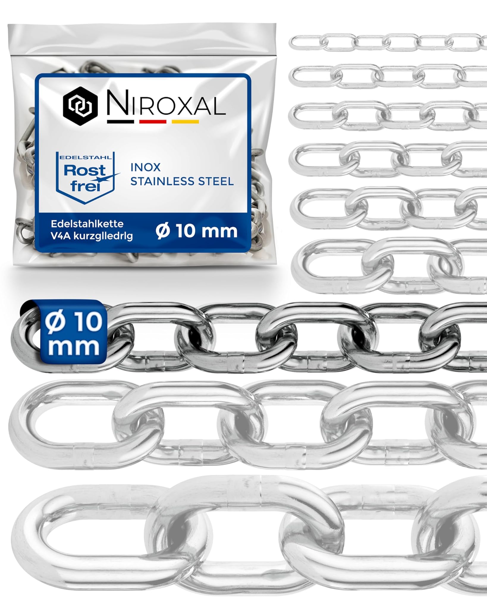 150-cm = 1,5-metri 10-mm di spessore catena in acciaio inossidabile inox V4A a maglia corta da NietFullThings in un unico pezzo catena di ancoraggio DIN 5685 DIN 766 1,5-m