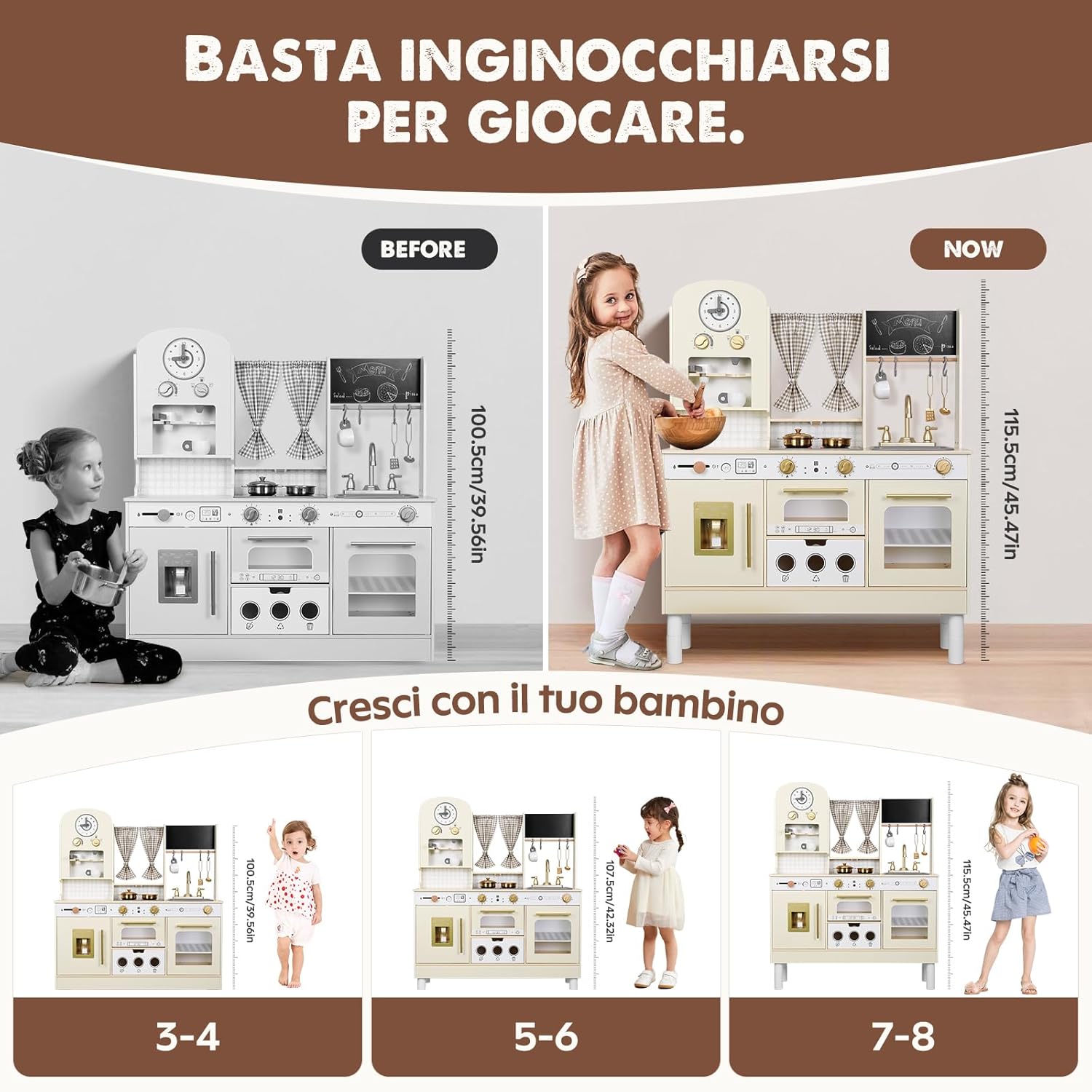 Set da cucina per bambini regolabile in altezza, bianco - immagine 3