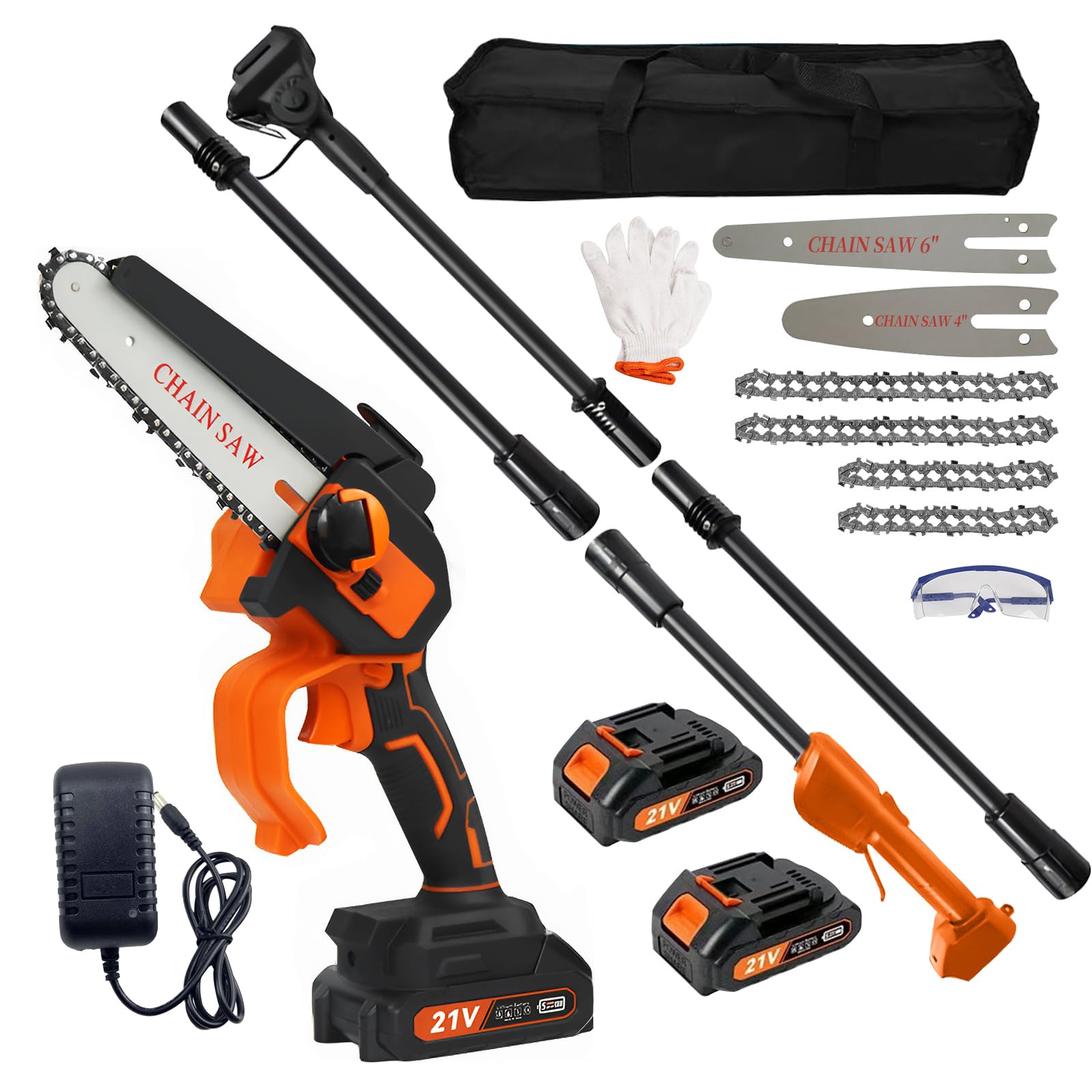 2-in-1 sega a palo senza fili, sega ad alta ramificazione e motosega portatile con catene da 4 e 6 pollici 2pcs batteria ricaricabile da 21V, raggio di 2,3 m per il taglio degli alberi (EU)