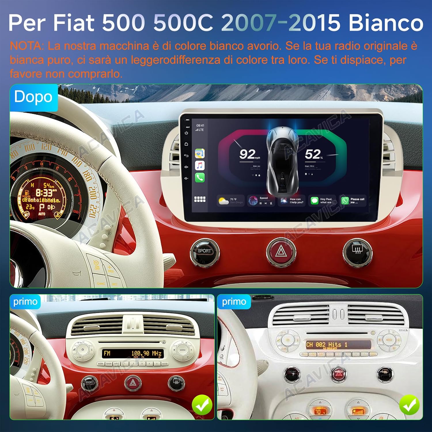 Acavica Autoradio Android 14 per Fiat 500 (2007-2015) - immagine 2