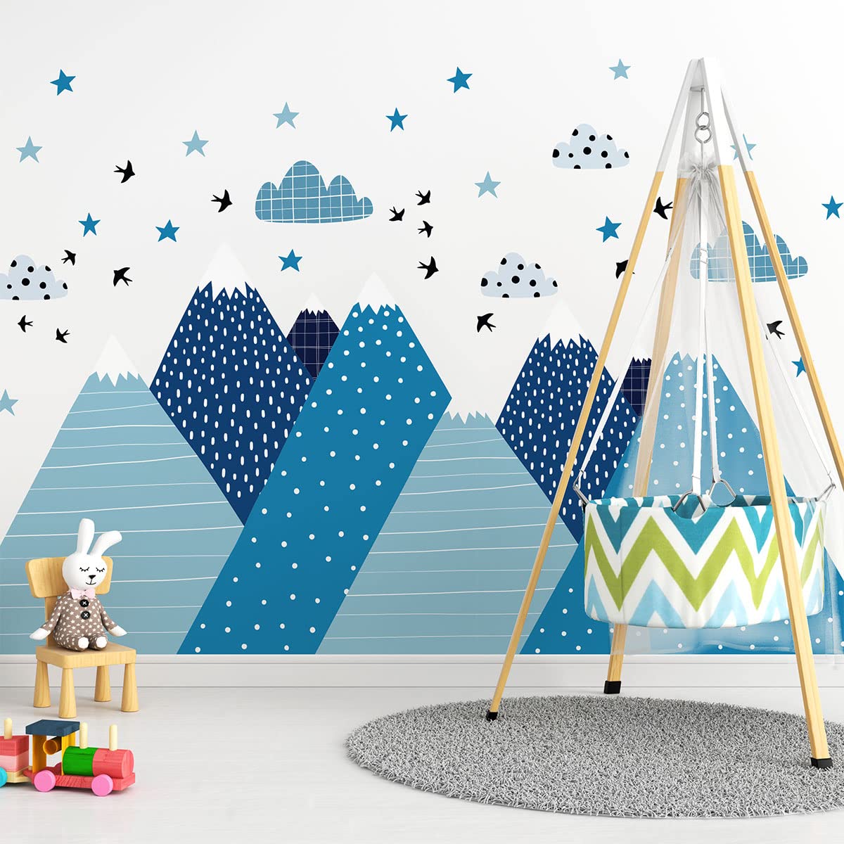 Adesivi murali per bambini – Decorazione cameretta bambino – Adesivi murali per bambini – Adesivo da parete scandinavo – Adesivo da parete gigante montagne scandinave Pierika – H80 x L120 cm