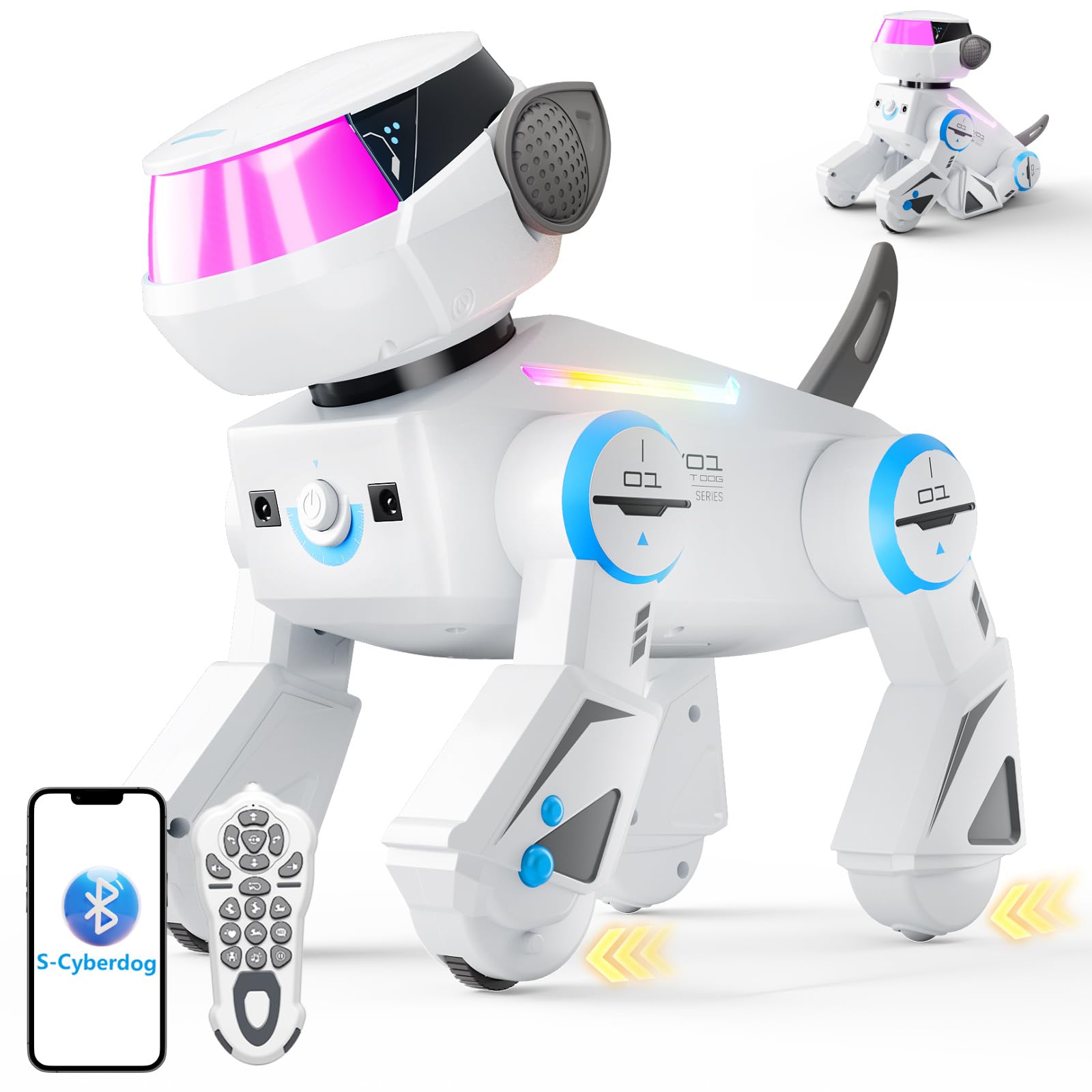 VATOS Cane Robot Bluetooth per Bambini,Cane Robot Interattivo Programmabile con Occhi LED Multicolori,Canerobot Giocattolo Ricaricabile con Telecomando Che Canta e Balla per Ragazzo Ragazza, Bianco