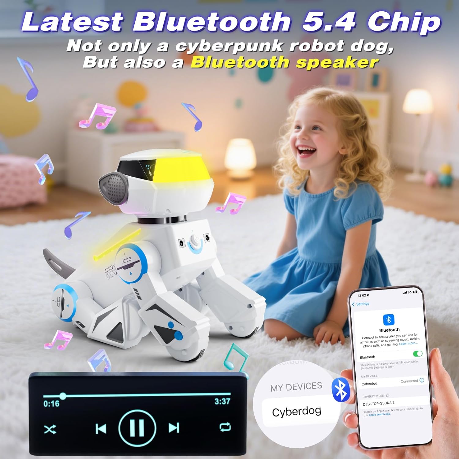 VATOS Cane Robot Bluetooth per Bambini,Cane Robot Interattivo Programmabile con Occhi LED Multicolori,Canerobot Giocattolo Ricaricabile con Telecomando Che Canta e Balla per Ragazzo Ragazza, Bianco - immagine 3