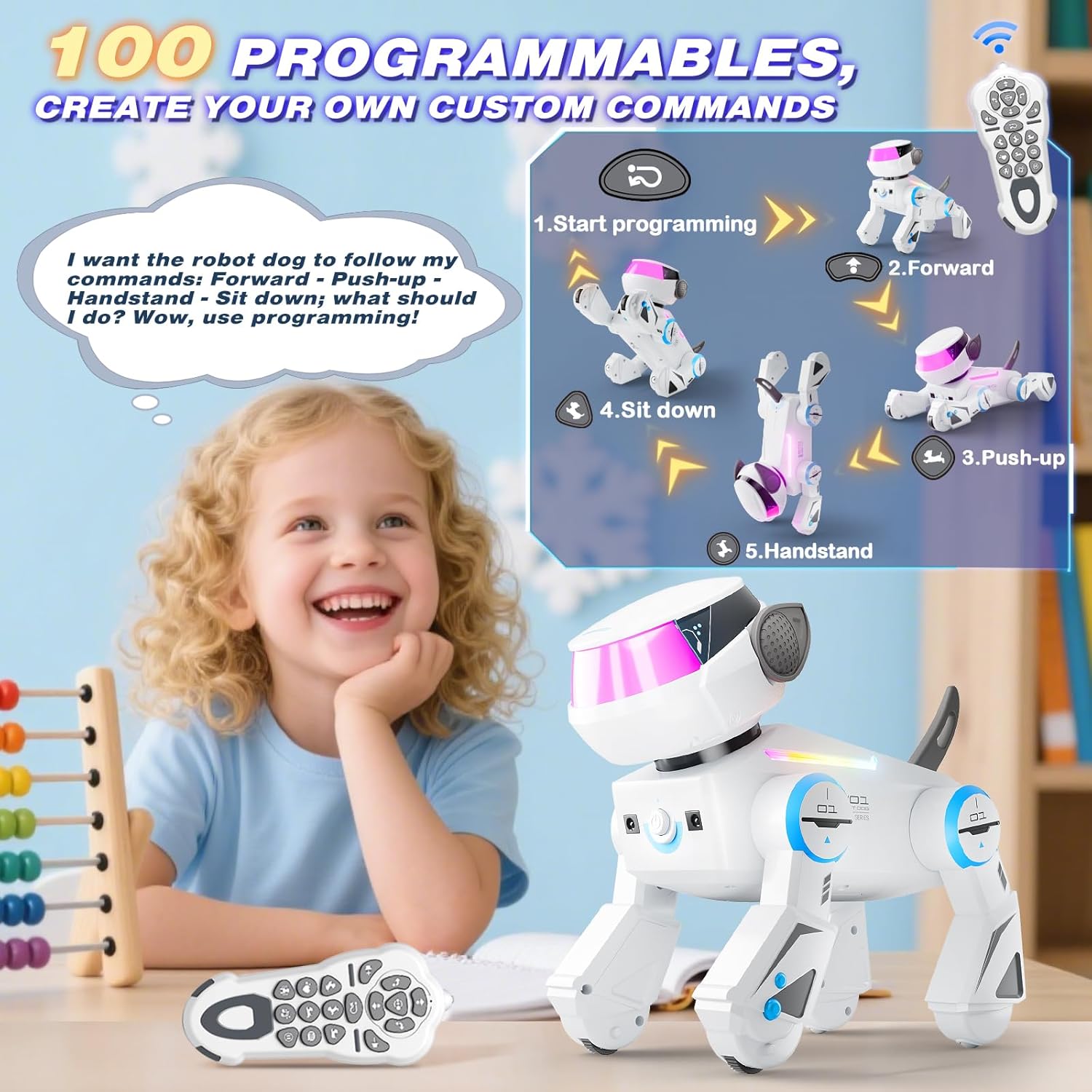 VATOS Cane Robot Bluetooth per Bambini,Cane Robot Interattivo Programmabile con Occhi LED Multicolori,Canerobot Giocattolo Ricaricabile con Telecomando Che Canta e Balla per Ragazzo Ragazza, Bianco - immagine 6