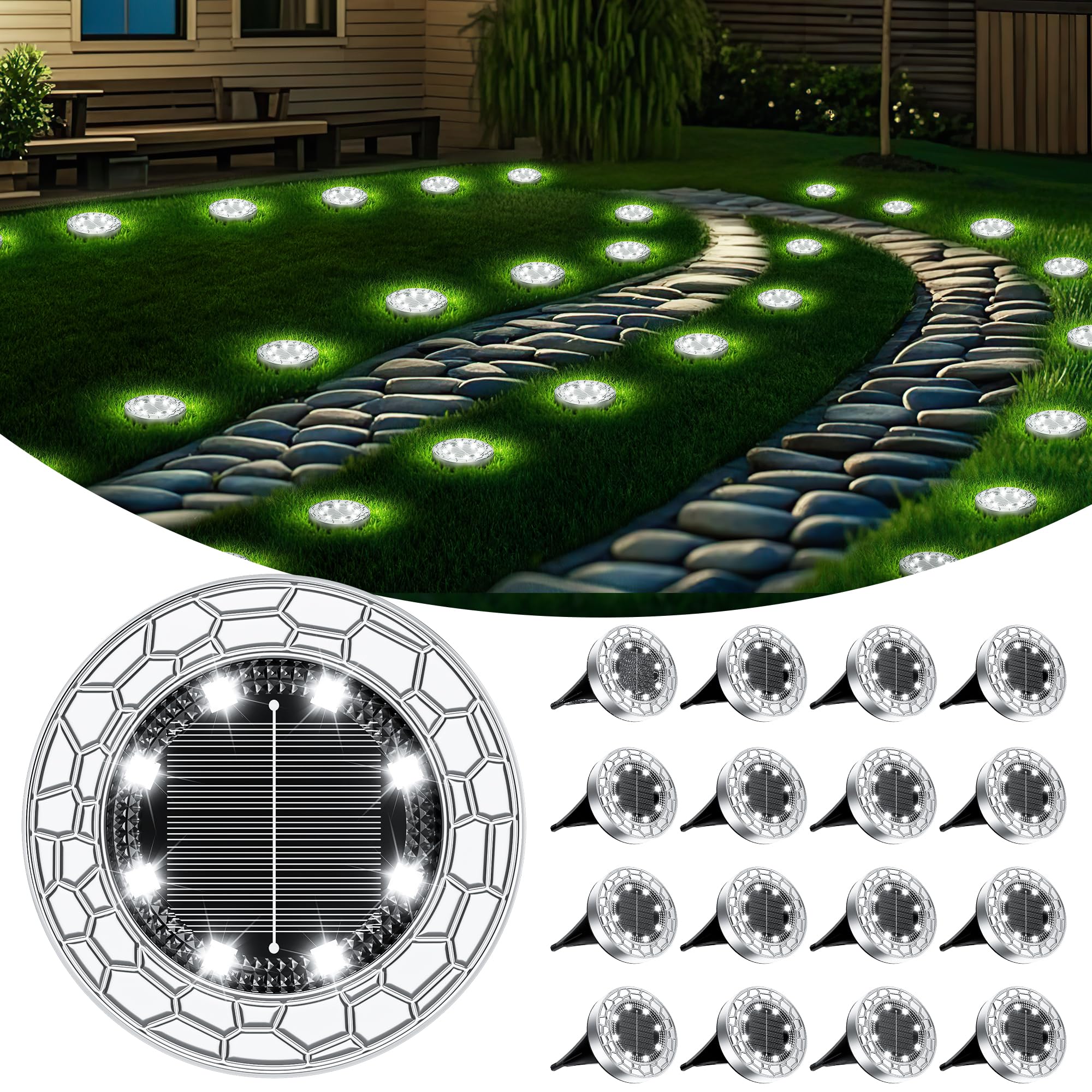 Fiflying 16 Luci Solari da Giardino 8 LED - Acciaio Inox