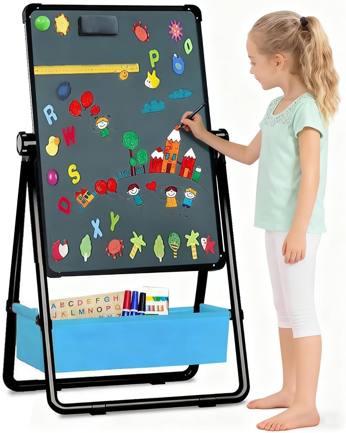 Lavagna Bambini con Cavalletto Double Face Regolabile, Nero