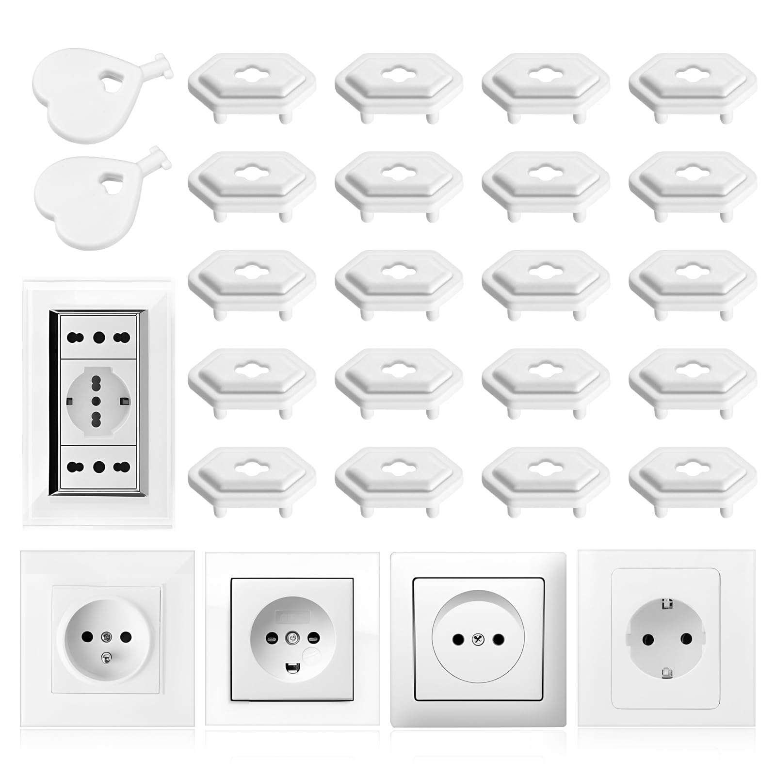 Vinabo 20PCS copri prese corrente bambini con 2 chiavi, Copri presa elettrica universale per sicurezza bambini, Protezione presa elettrica per bambini per uso domestico (Bianco)