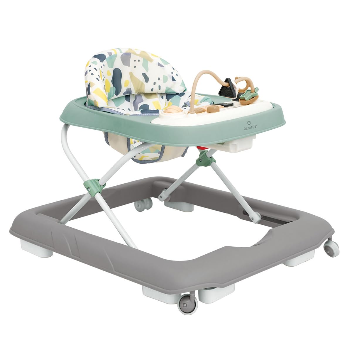 Olmitos - Deambulatore per bambini con vassoio di attività – Primi passi stimolazione sensoriale e sviluppo motorio; centro attività pieghevole e regolabile – Sicuro con sistema di arresto (Green Geo)