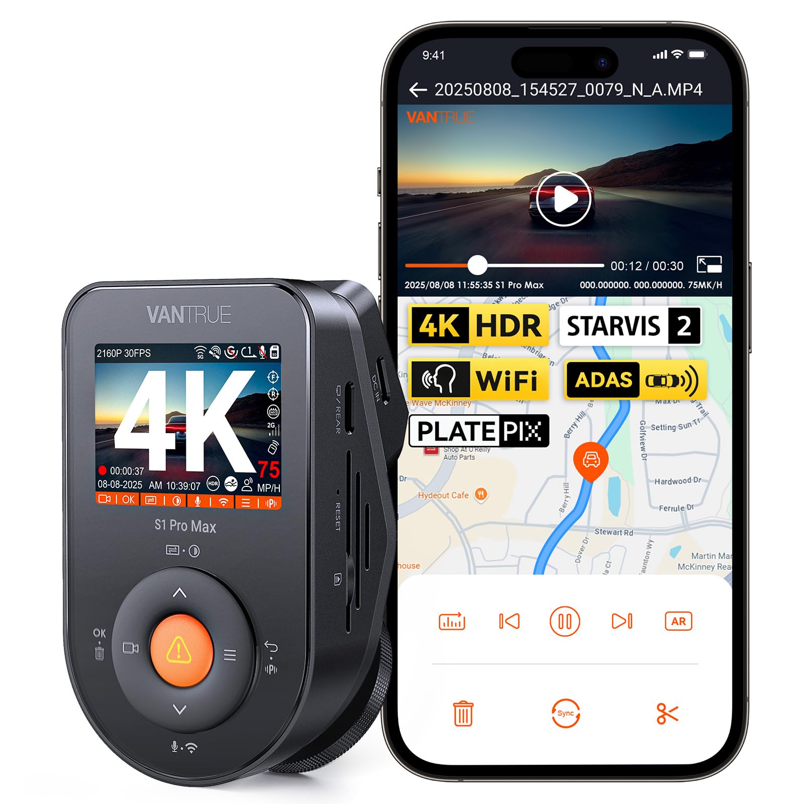 Vantrue S1 PRO MAX 4K STARVIS 2 Dashcam Auto Anteriore