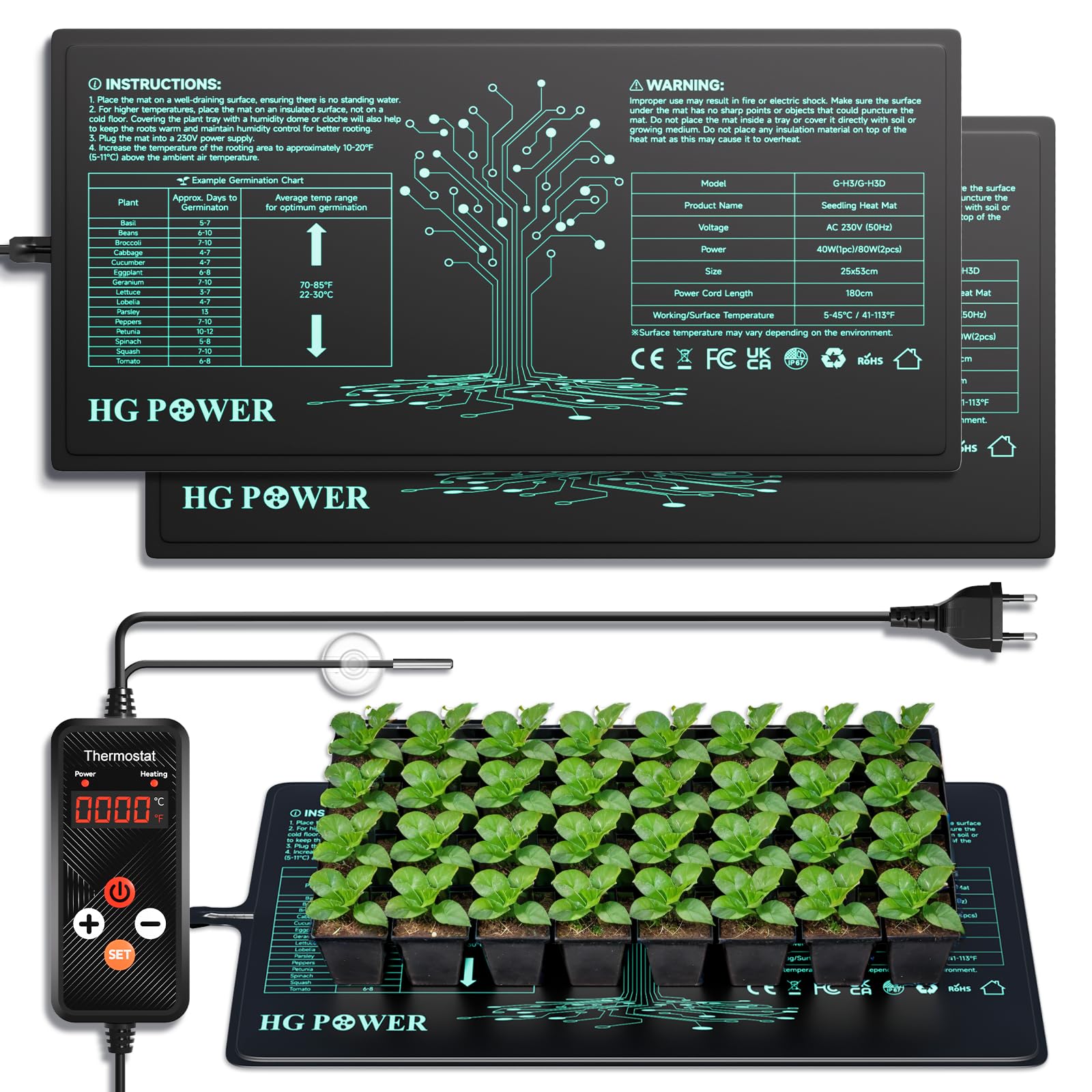 HG Power Tappetino Riscaldante con Termostato, Set 2x