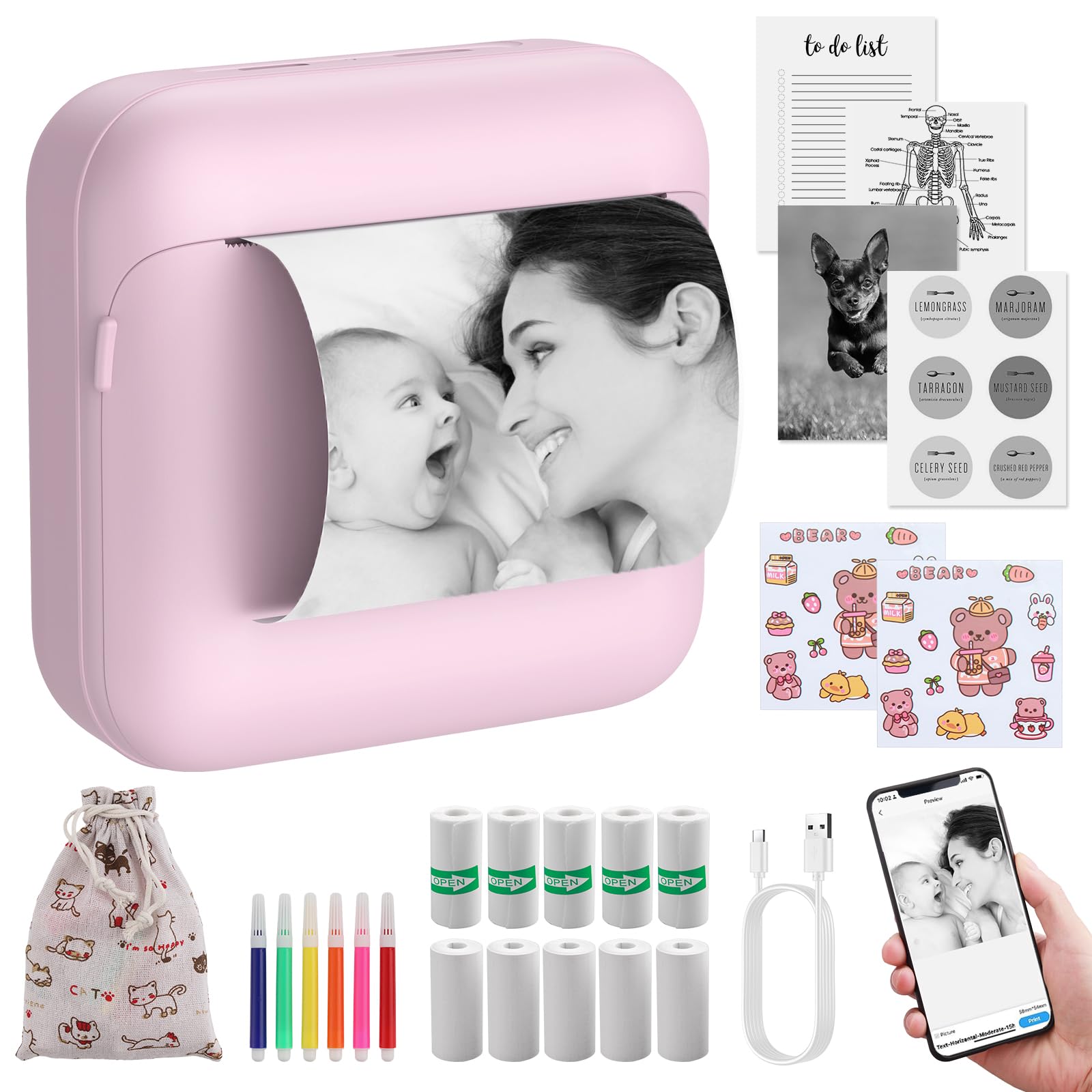 Esynic Mini Stampante Termica Portatile Bluetooth, Rosa