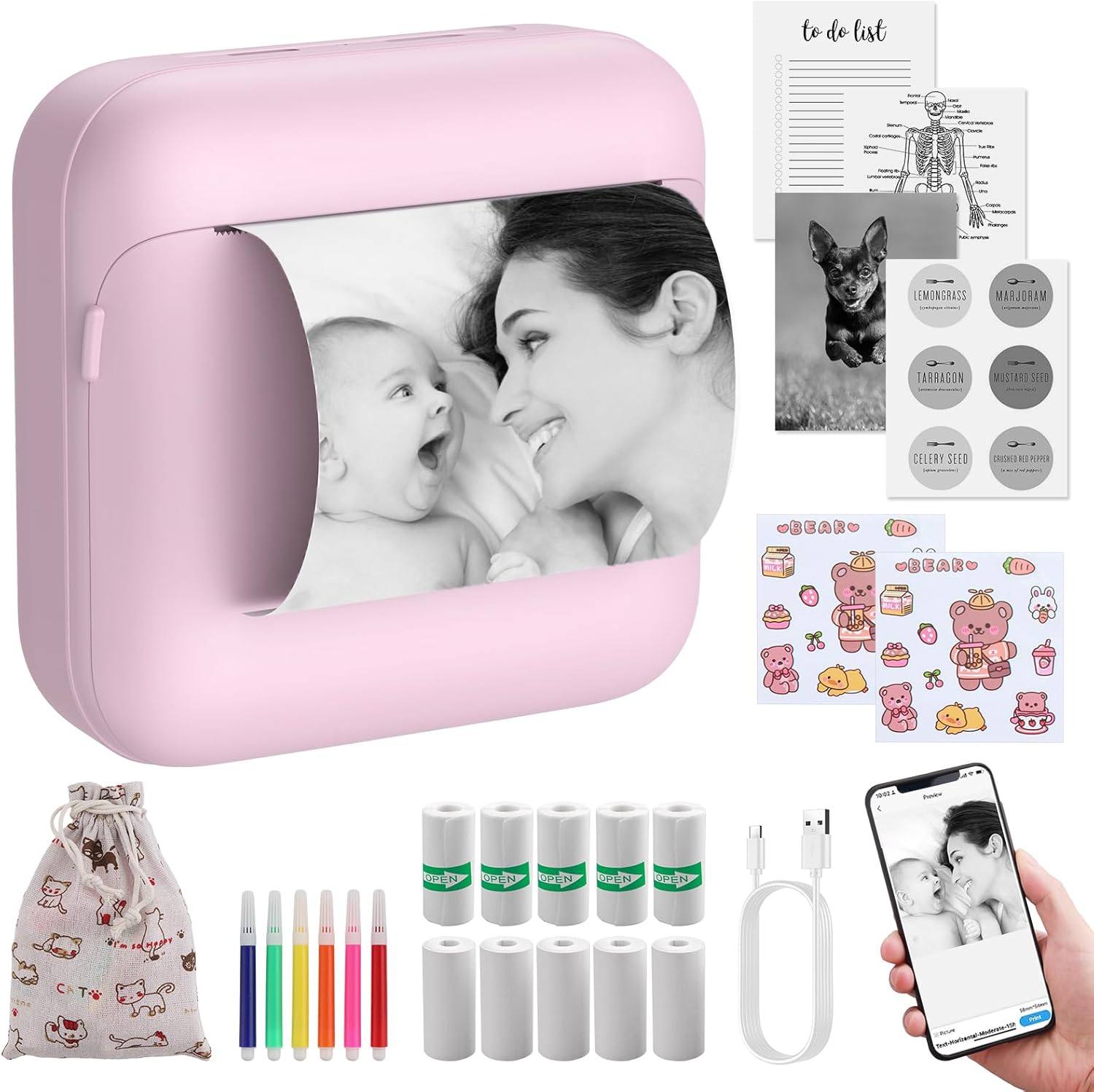 Esynic Mini Stampante Termica Portatile Bluetooth, Rosa - immagine 1