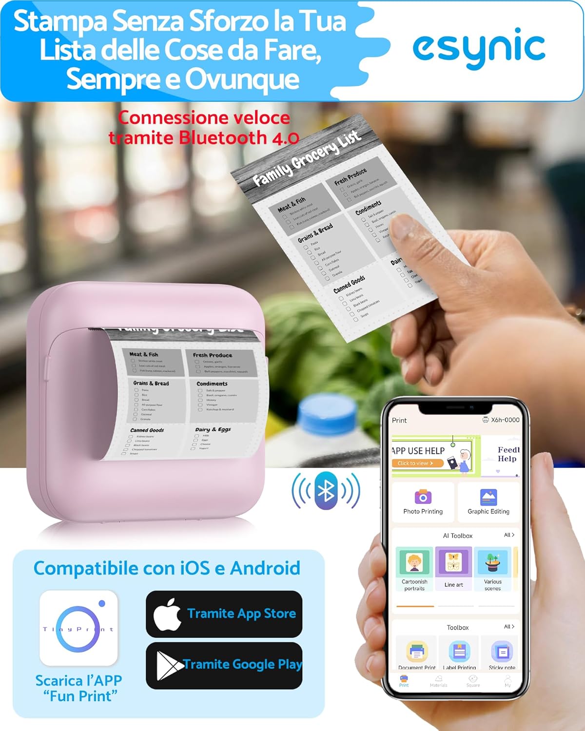 Esynic Mini Stampante Termica Portatile Bluetooth, Rosa - immagine 3