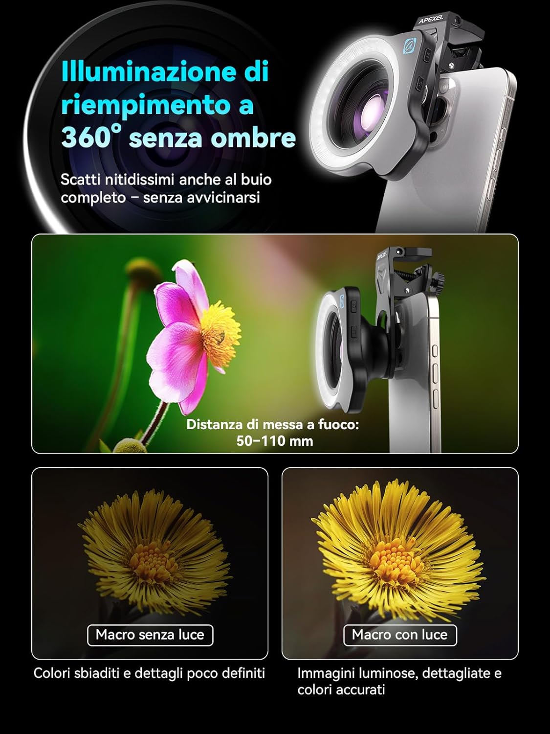 APEXEL 100Ultra Macro Obiettivo con Luce ad Anello - immagine 2