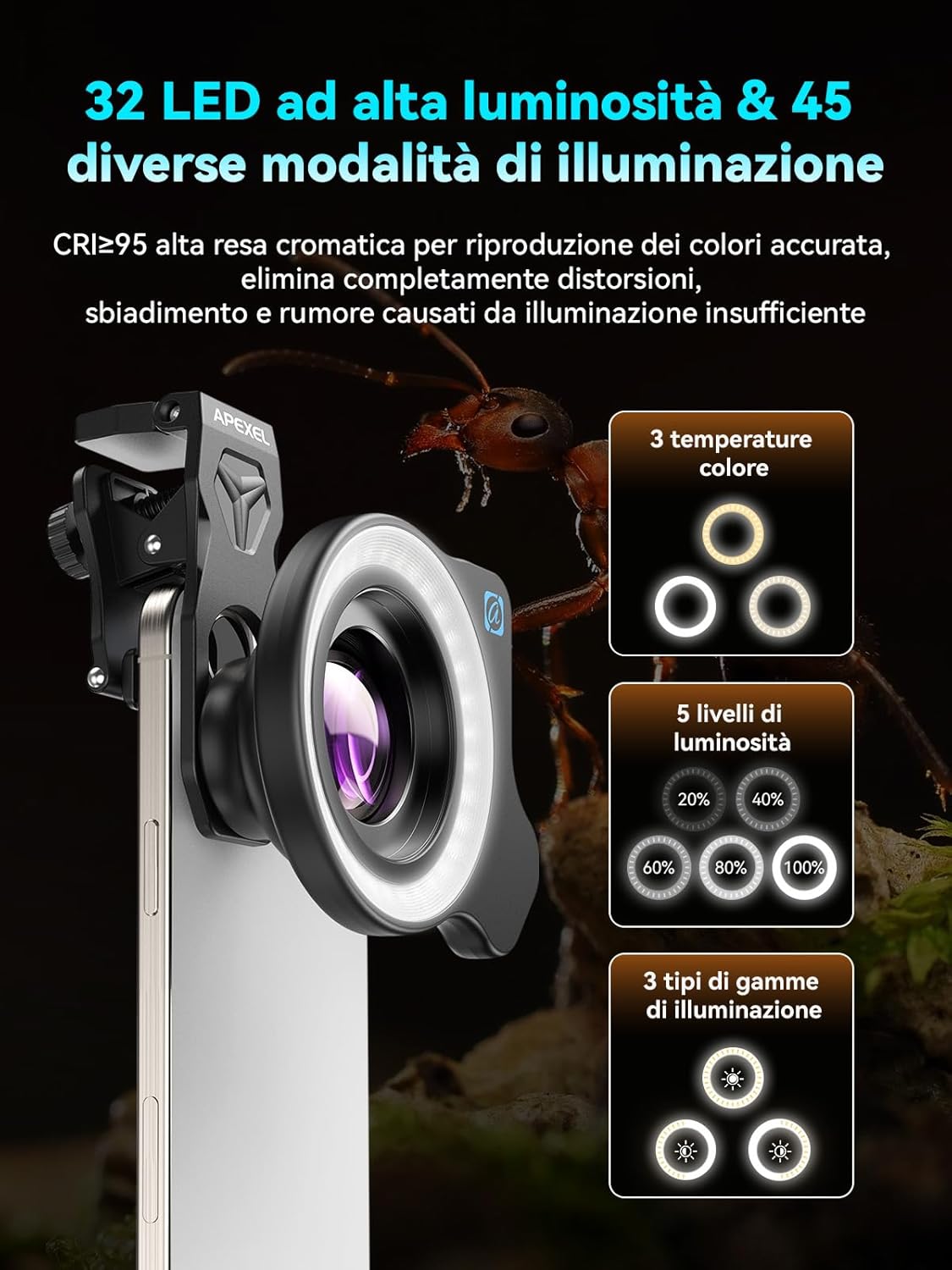 APEXEL 100Ultra Macro Obiettivo con Luce ad Anello - immagine 5