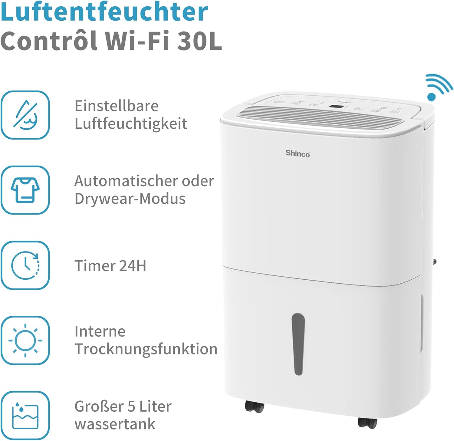 Shinco WIFI Deumidificatore Portatile 30L/Giorno, Bianco - immagine 3