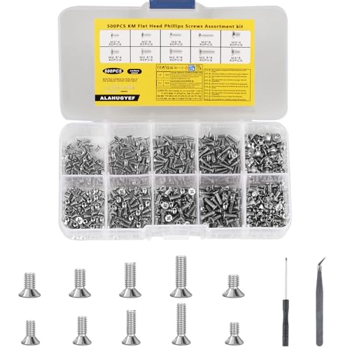 Kit 500 Viti a Macchina M2 M2.5 M3 Testa Svasata, Argento