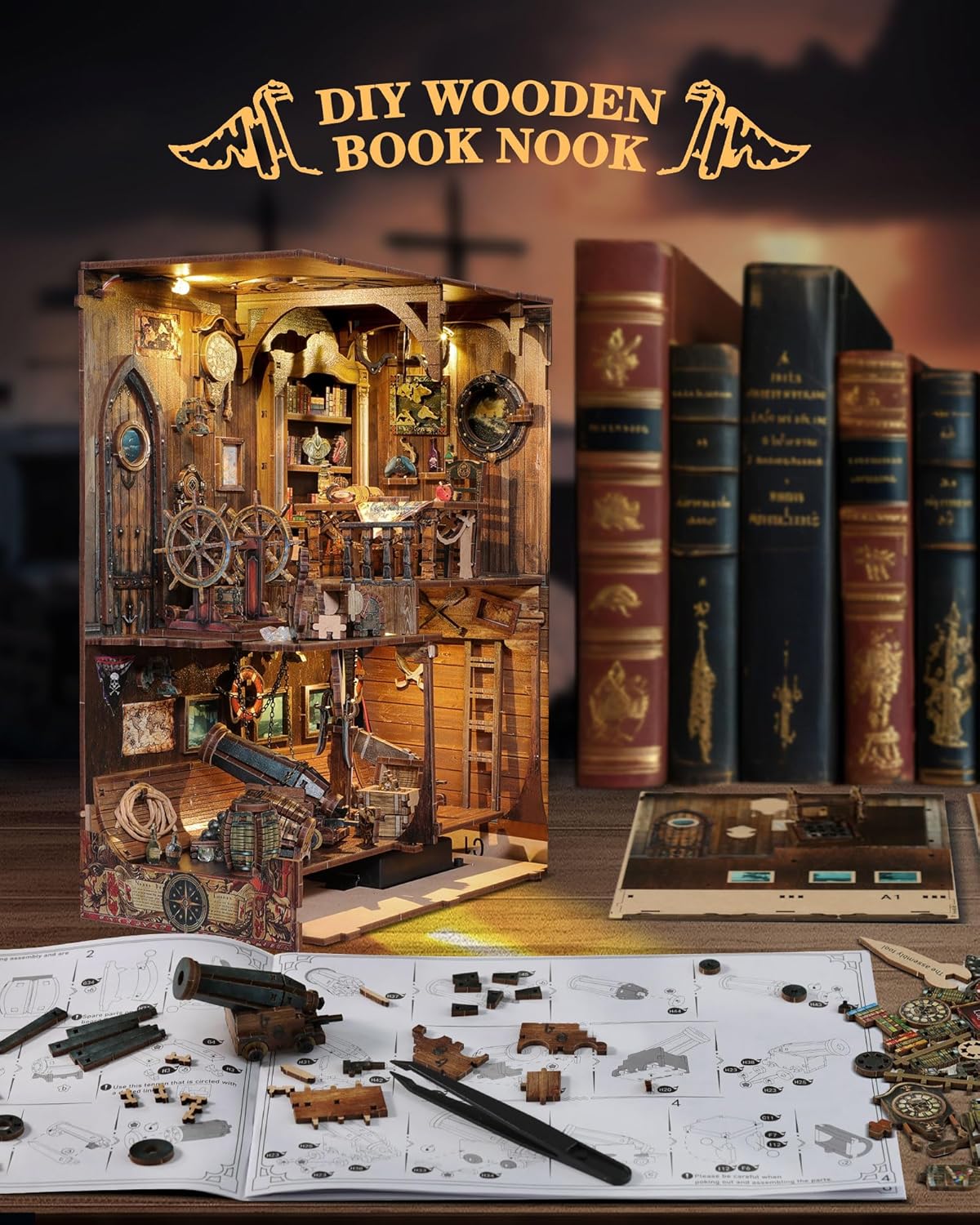 Quanquer Book Nook Kit 3D in Legno con LED - immagine 6