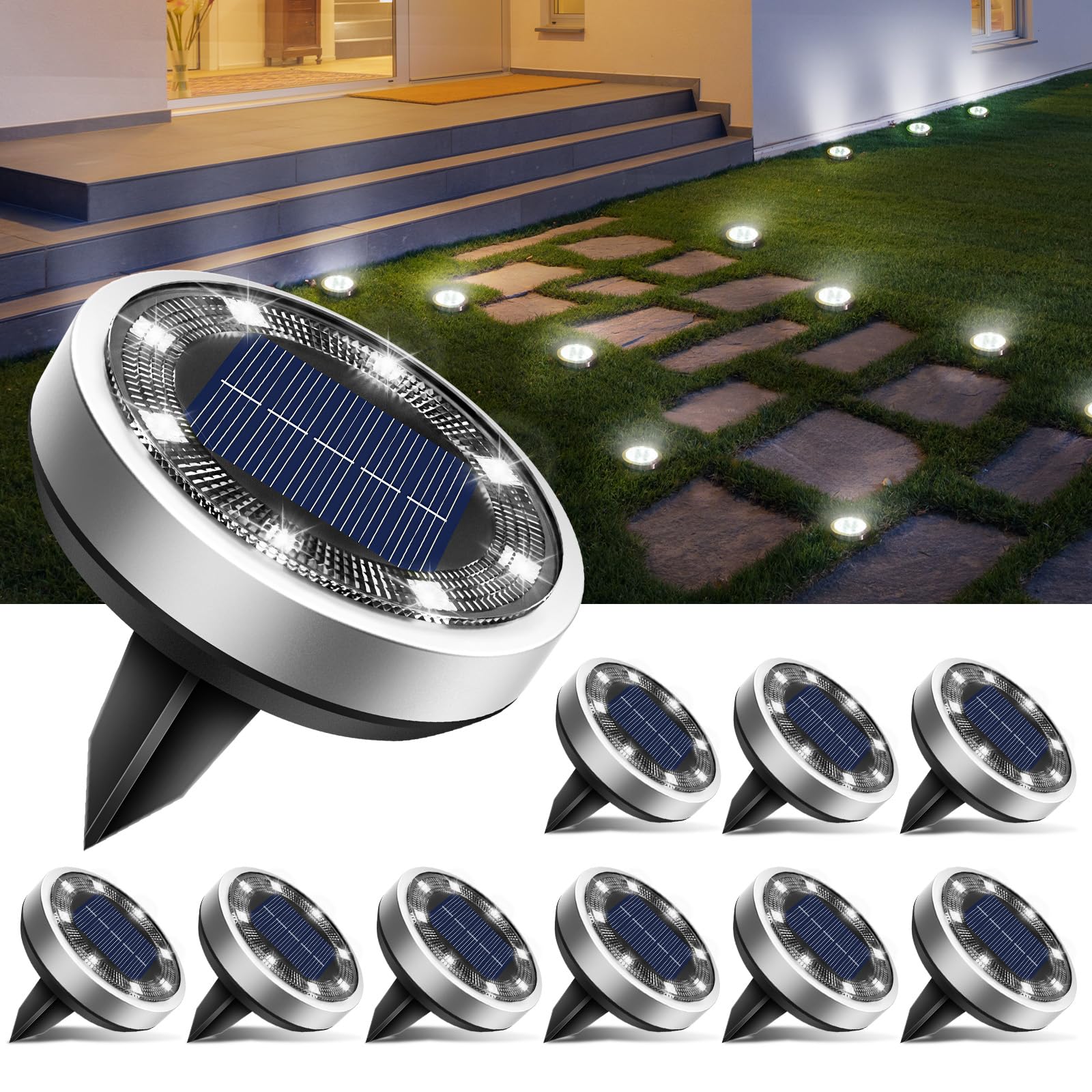 Btfarm 10 Pezzi Luci Solari da Giardino 8 LED, Bianco Freddo