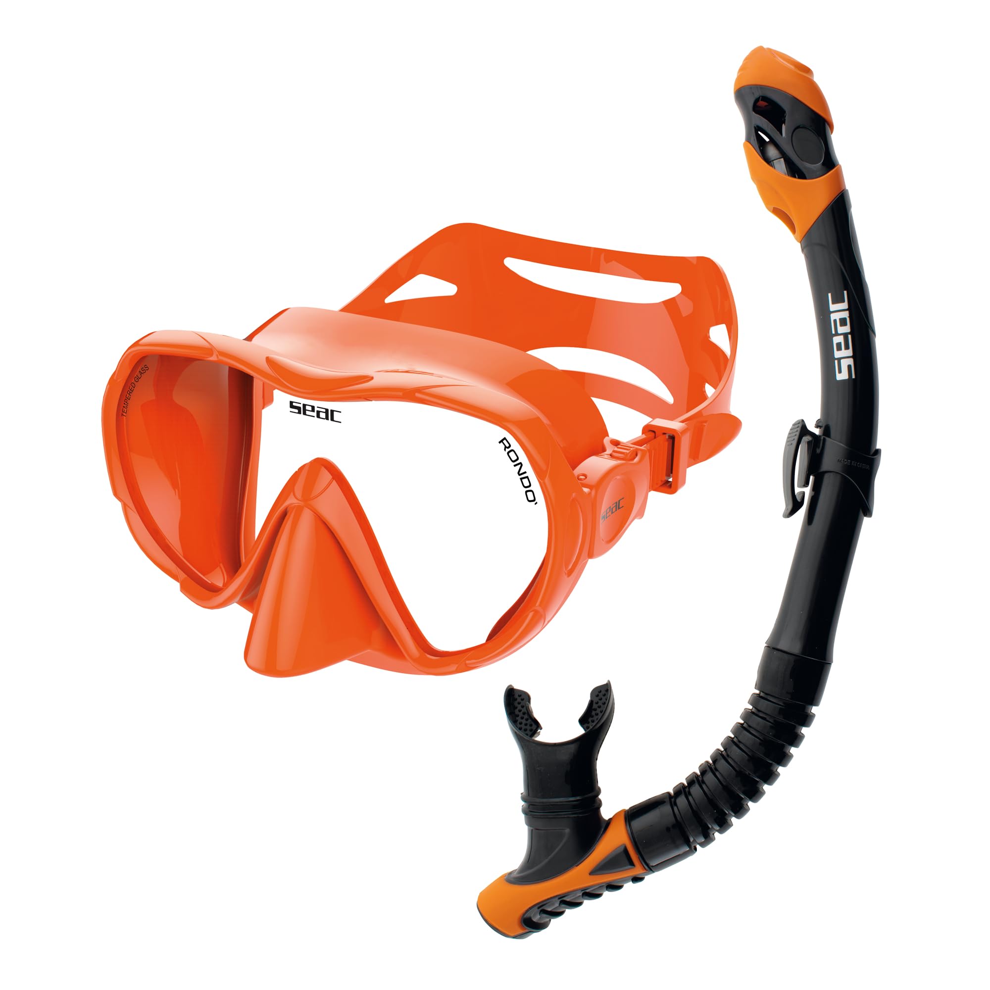 SEAC Set bis Rondò Dry – Set Snorkeling Adulto con Maschera Frameless monolente in Vetro Temperato e Snorkel Dry Top con Valvola di Spurgo, Boccaglio Ergonomico in Silicone