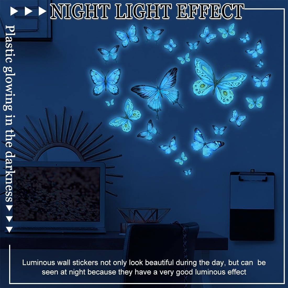 46 Pezzi Stelle Fluorescenti Adesive Soffitto, Autoadesive Farfalla Luminose, Farfalla Adesive Fluorescenti da Parete - immagine 4