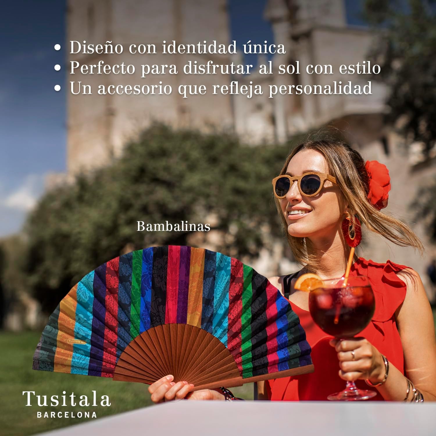 Tusitala Barcelona Ventaglio Legno e Cotone Patchwork - immagine 3