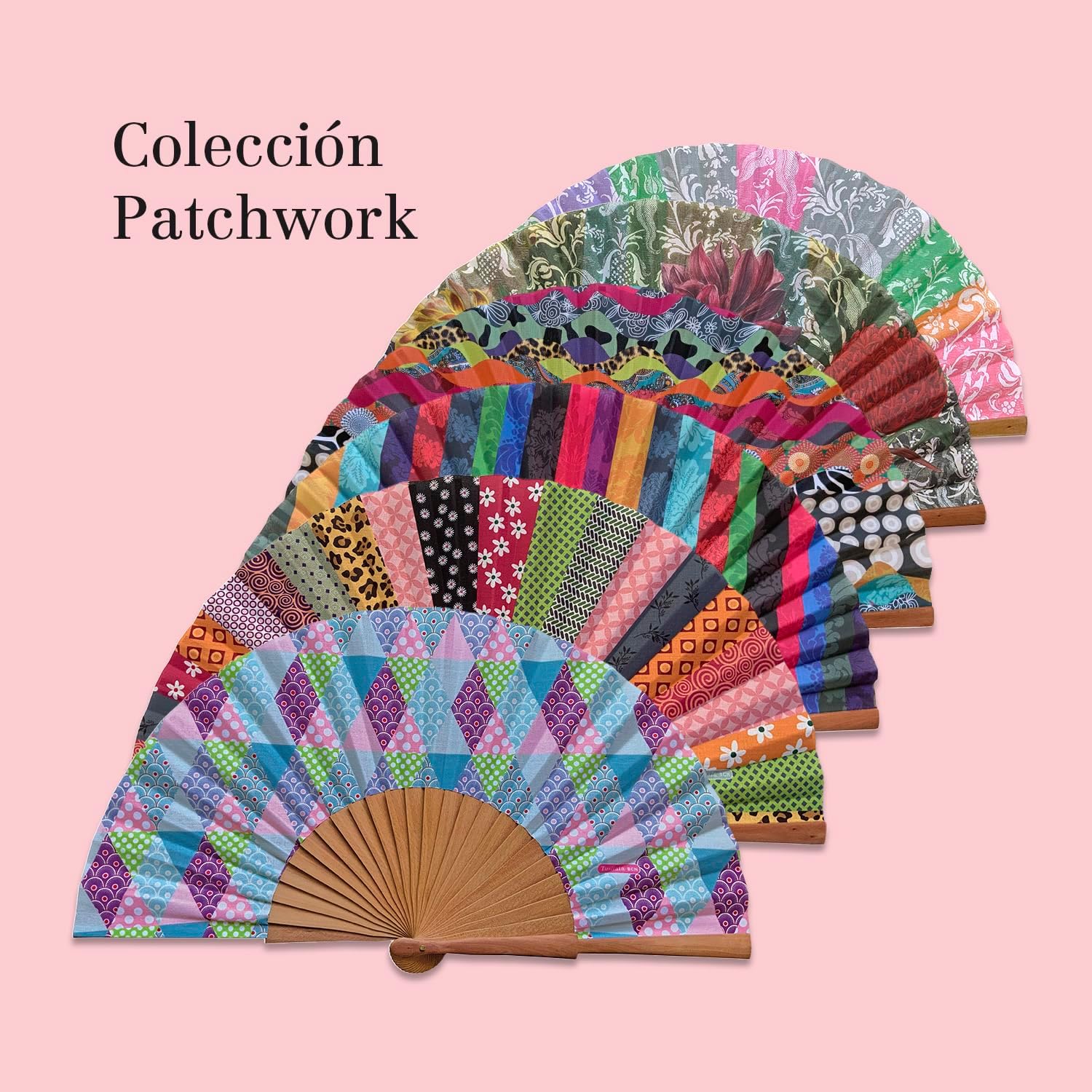 Tusitala Barcelona Ventaglio Legno e Cotone Patchwork - immagine 4