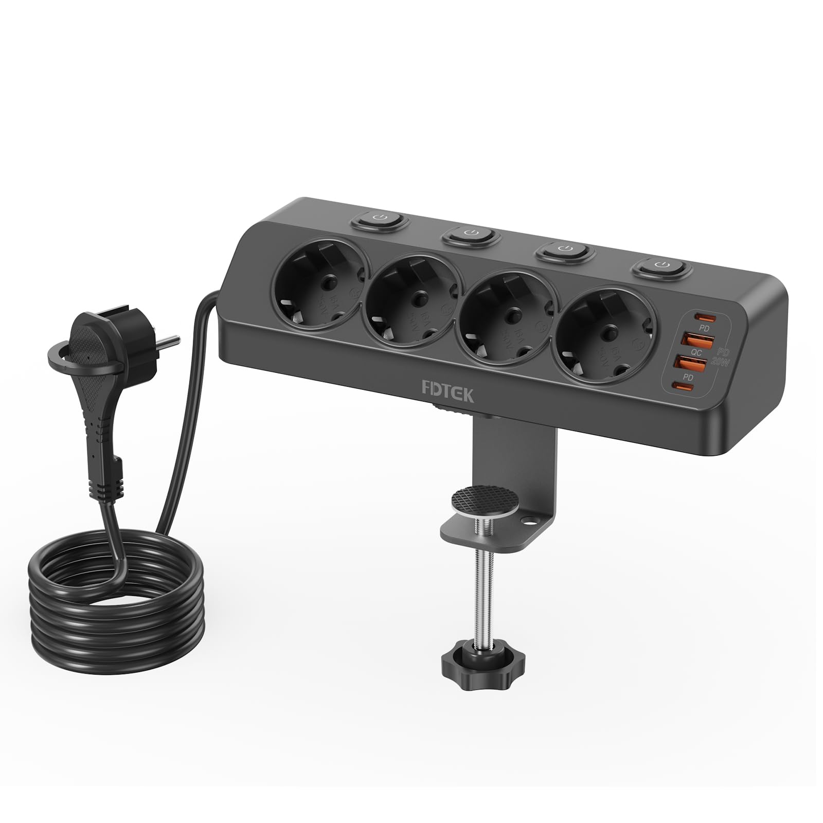 Multipresa 4000W con Protezione da Sovratensioni, Ciabatta Elettrica da Scrivania con Ricarica Rapida USB-C PD20W, Presa con 4 Interruttori Indipendenti, Ciabatta e Dispositivo di Fissaggio, Cavo 2M