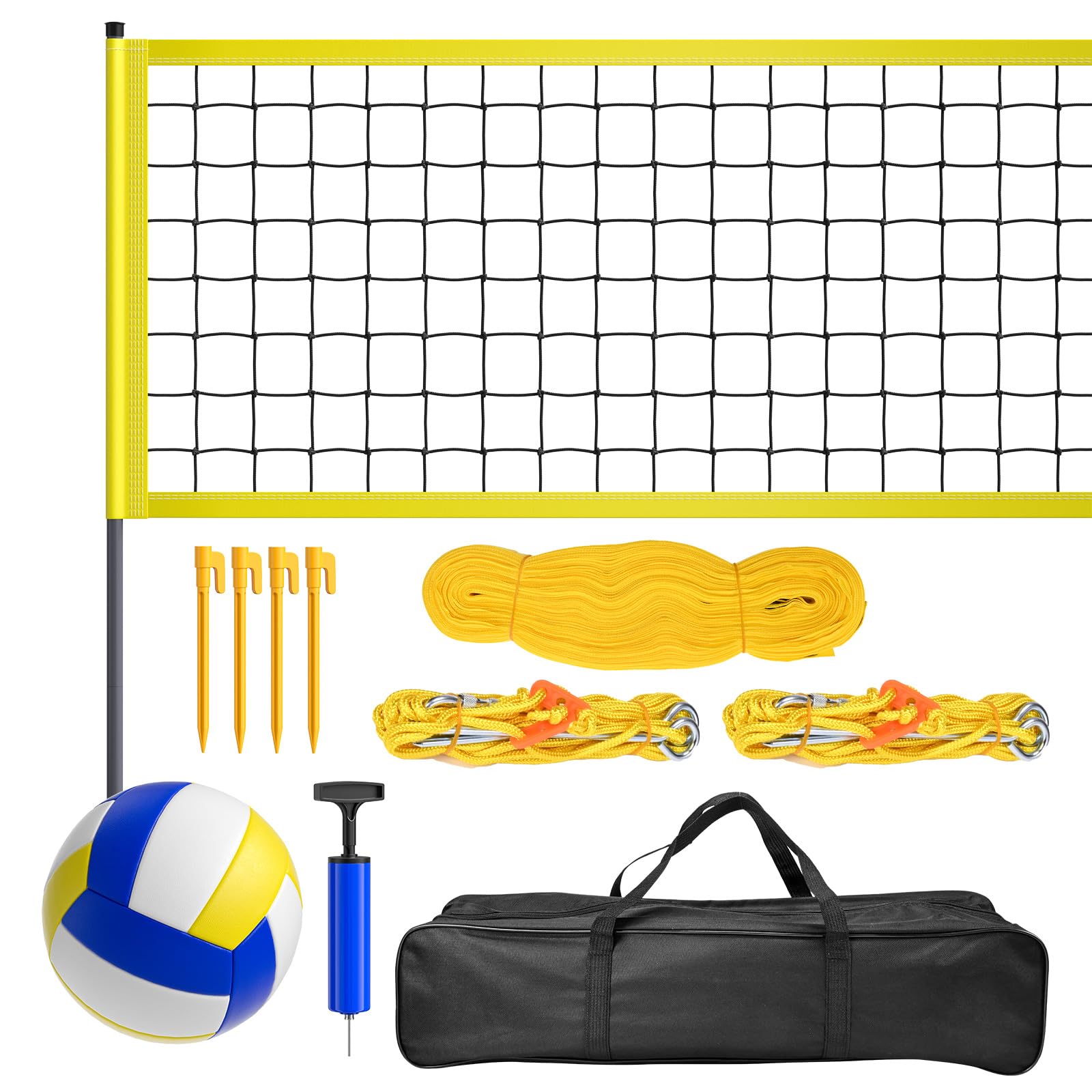 WildFun Set completo di rete da pallavolo, per giardino e prato, rete regolabile in altezza (9,5 m x 1 m), con aste, pallavolo in poliuretano, pompa a mano, linee di marcatura e borsa per il trasporto