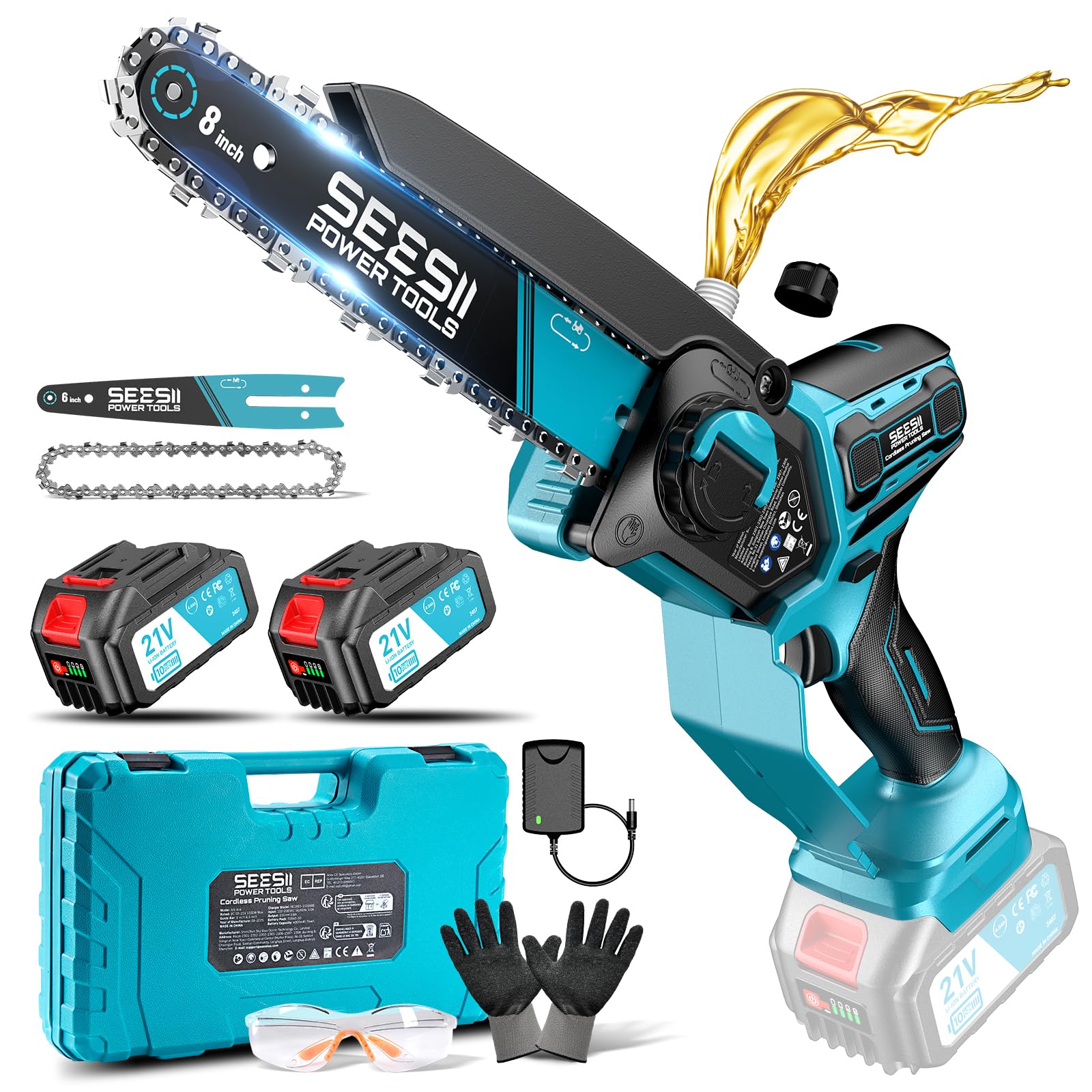 Seesii Mini Motosega a Batteria 6 & 8 Pollici 1000W